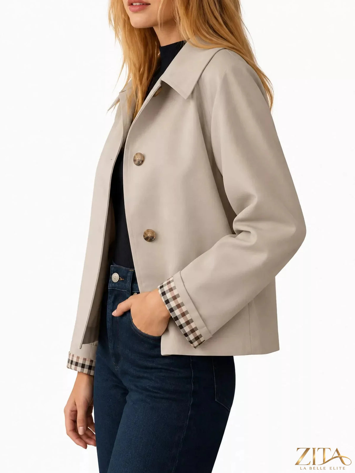 Zita La Belle Elite plaid cuffs cropped trench coat with stylish checkered pattern and modern outerwear design.