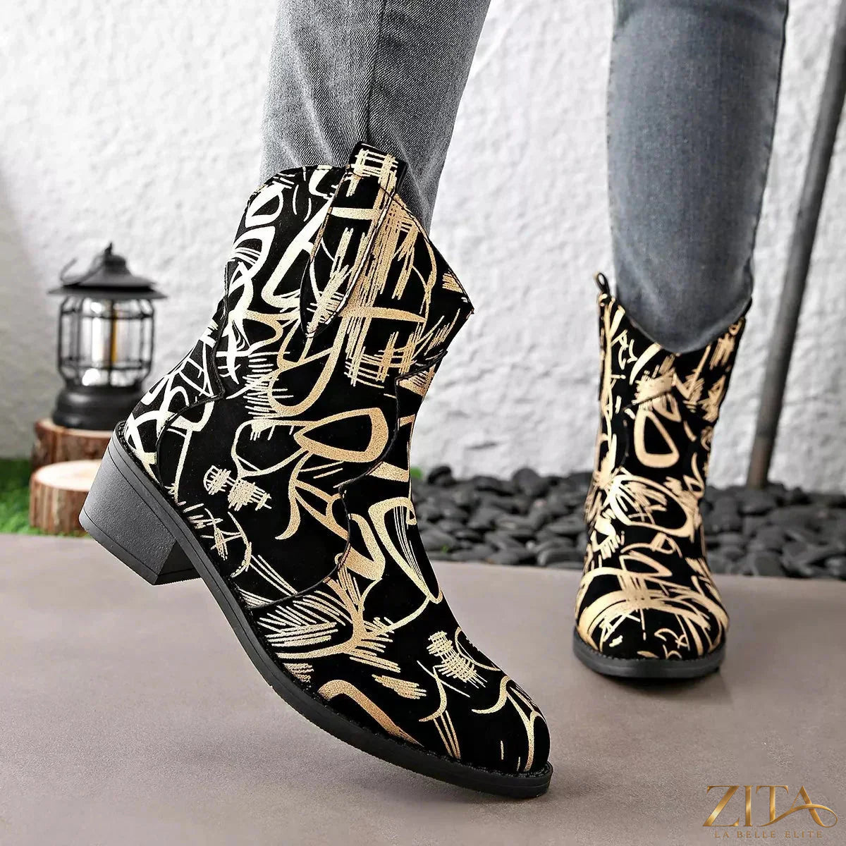Zita La Belle Elite round toe block heel boots showing black leather exterior and sturdy block heel with sleek design