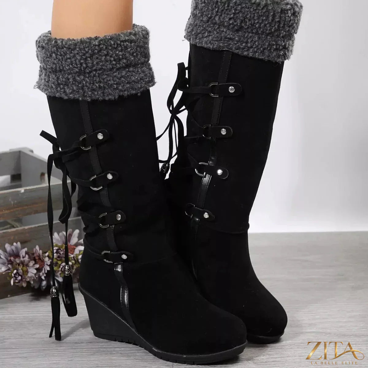 Zita La Belle Elite round toe wedge boots featuring a stylish design with a sturdy wedge heel and sleek finish.