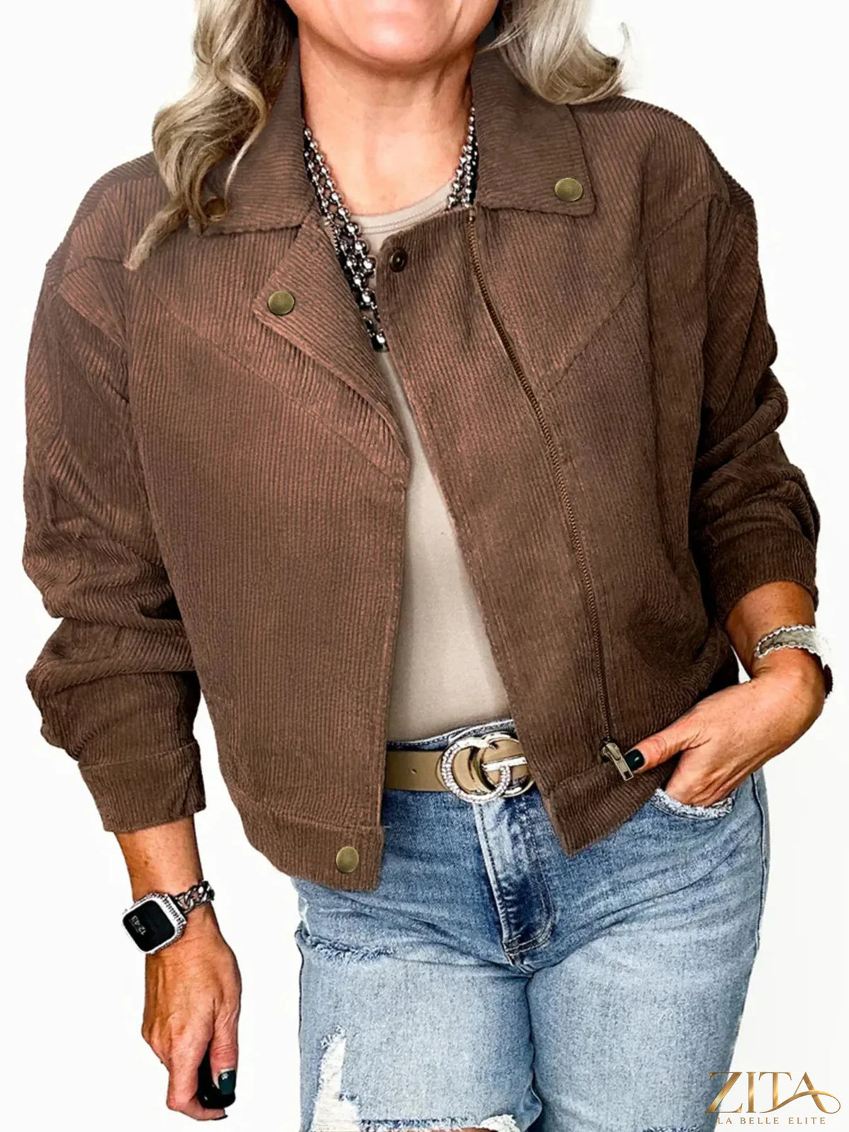 Trendsi corduroy cropped bomber jacket with a fitted style, featuring a front zipper and ribbed collar in a stylish design.