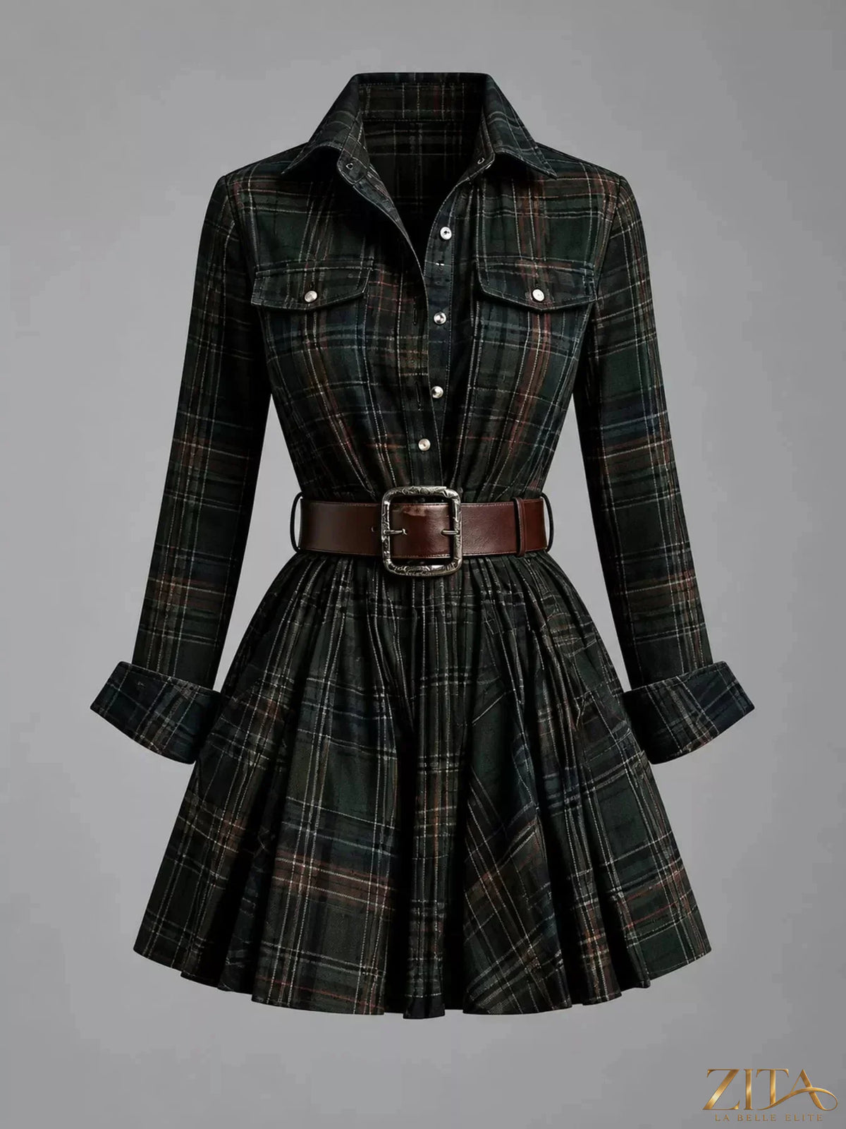 Zita La Belle Elite plaid long-sleeve shirt dress with button front and collar, featuring a classic checkered pattern.