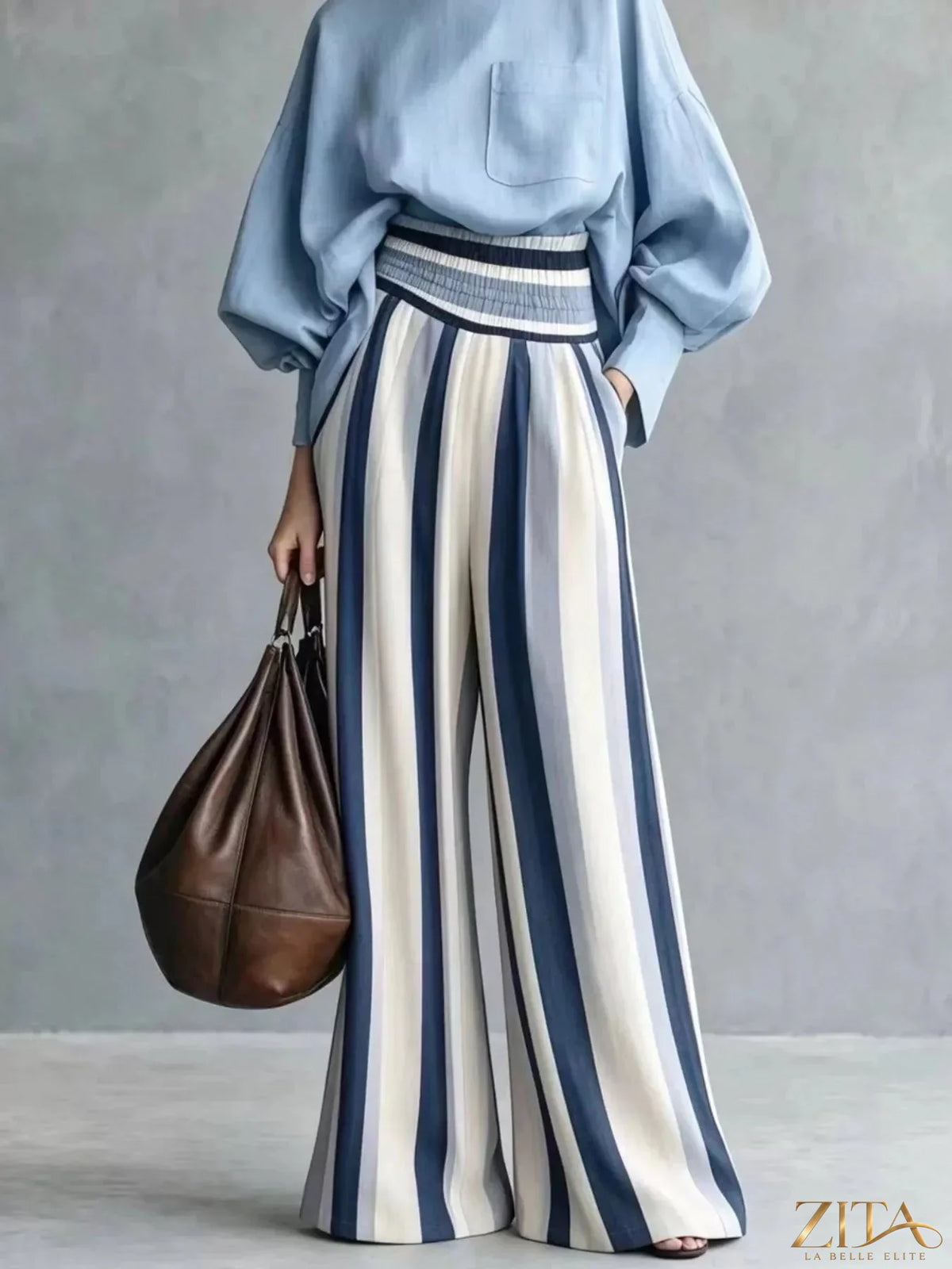 Plus size mock neck top and striped wide-leg pants set by Trendsi, featuring a cozy full-size top and stylish matching pants.