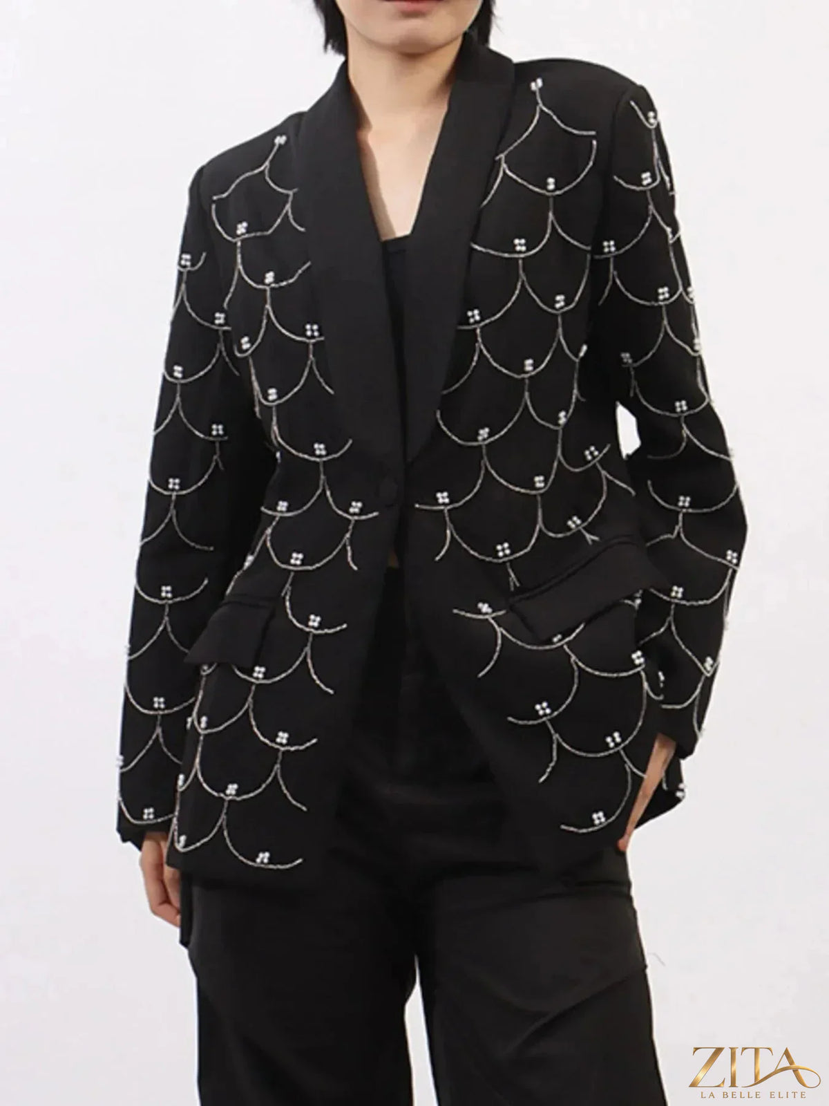 Zita La Belle Elite pearl detail long sleeve blazer in black, tailored with elegant pearl accents on the sleeves and lapels.