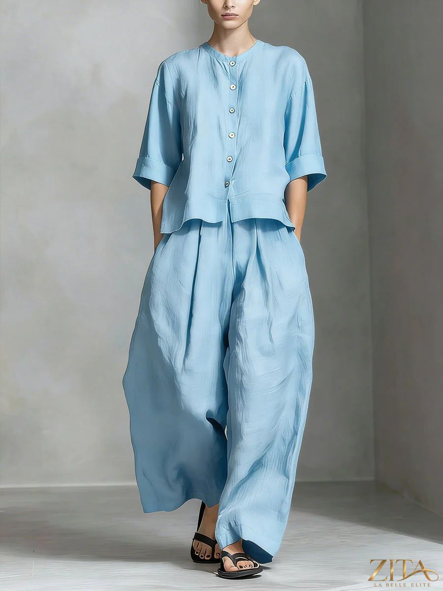 Zita La Belle Elite three-quarter sleeve shirt and loose trousers two-piece set, featuring a stylish, comfortable matching outfit.