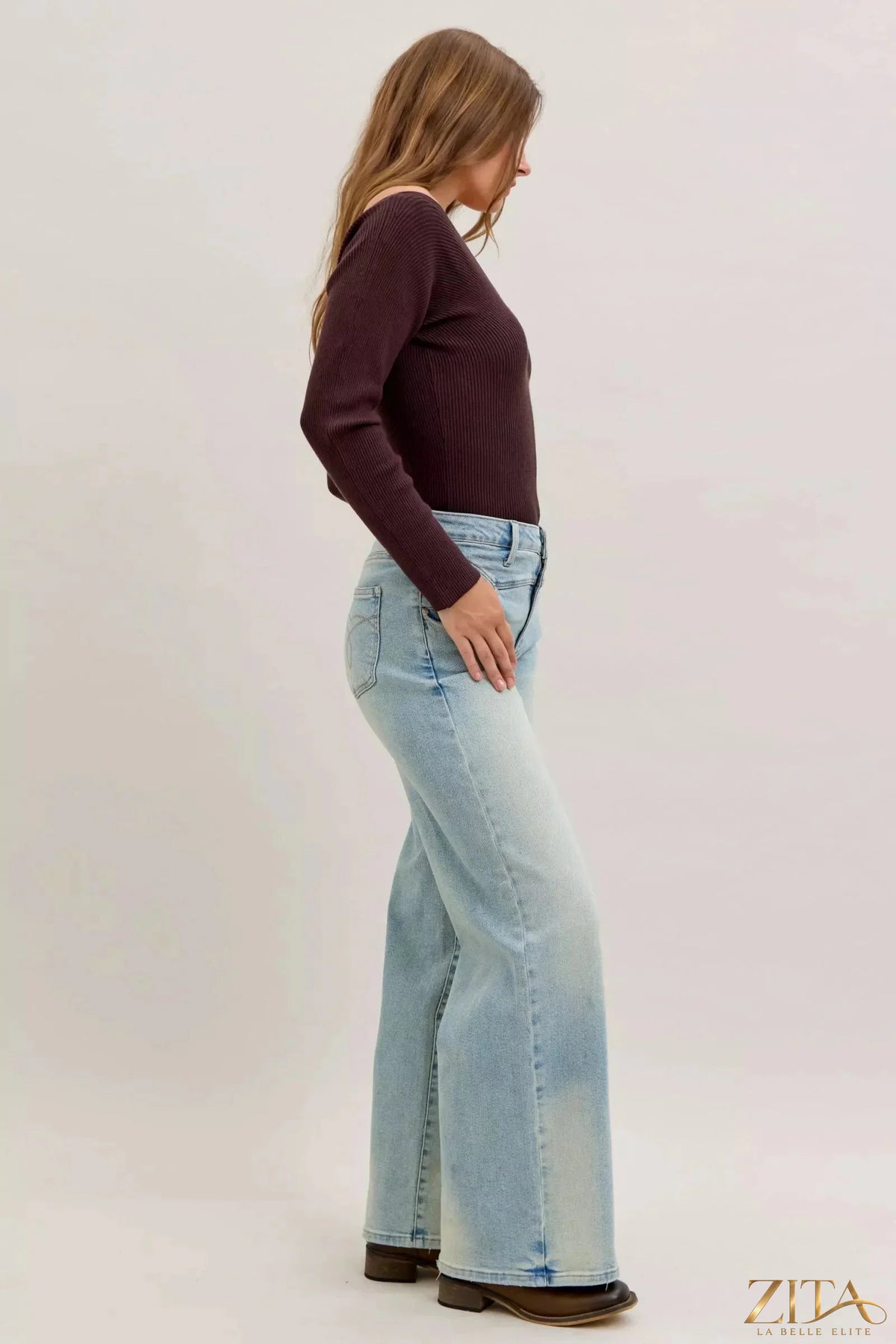Zita La Belle Elite Judy Blue high waist column straight jeans displayed on a model, showcasing a classic denim style and fit.