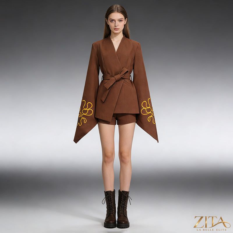 Embroidered slim-fit blazer with flared sleeves from Zita La Belle Elite, featuring detailed embroidery and tailored fit.