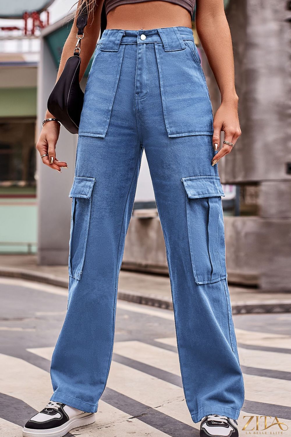 Zita La Belle Elite buttoned high waist loose fit jeans with front pockets and relaxed style on a white background.
