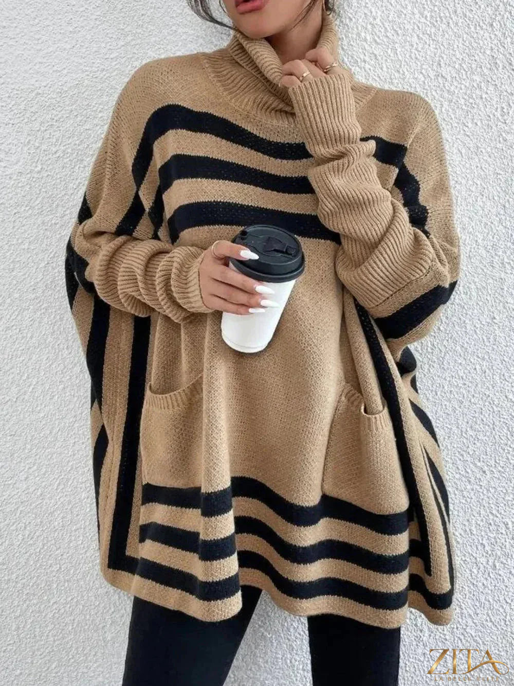 Striped turtleneck batwing sleeve sweater with pockets by Trendsi, featuring a cozy fit and stylish design.