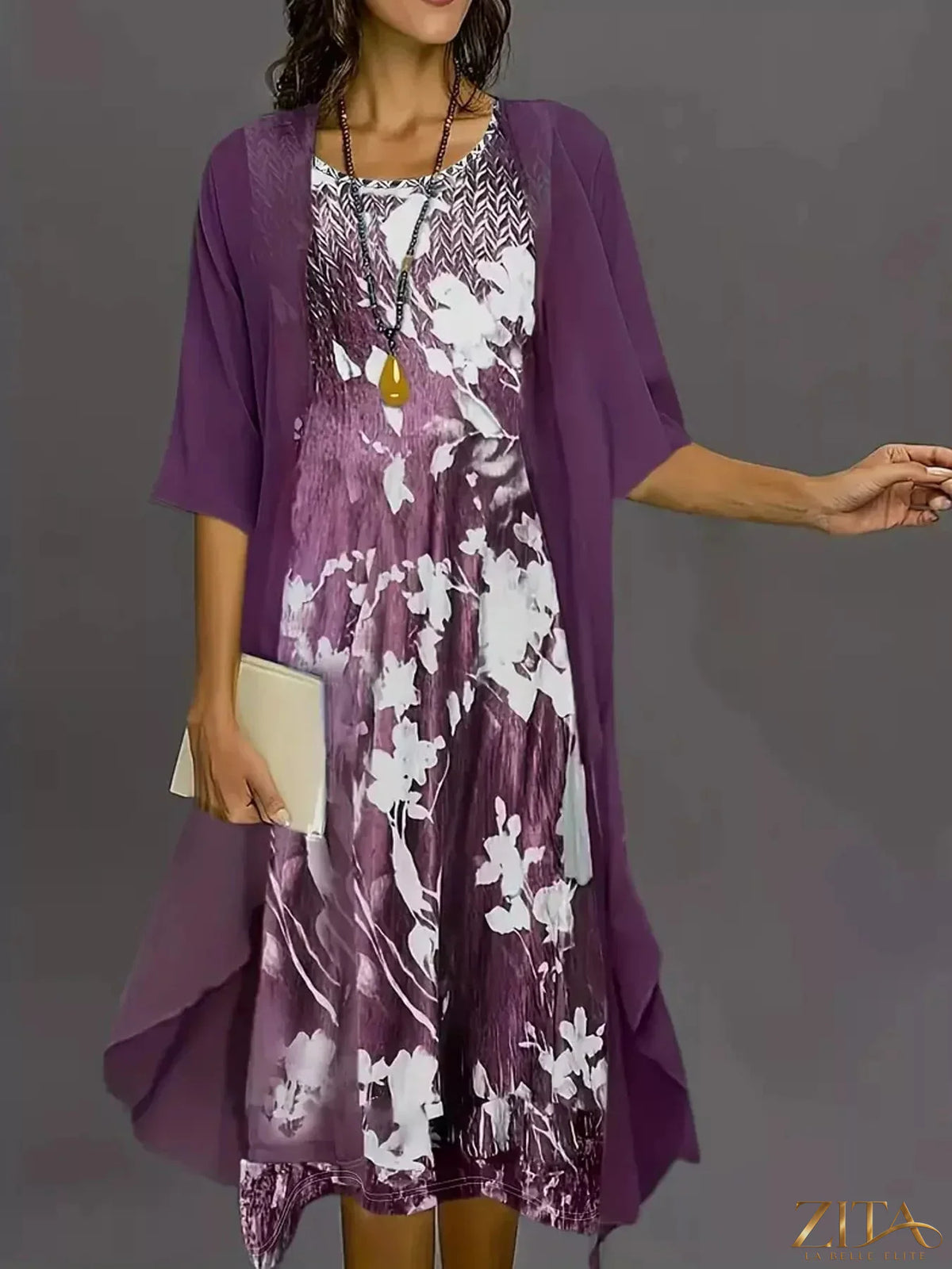 Plus size floral print midi dress and chiffon cardigan set by Zita La Belle Elite, featuring a full-length dress with vibrant floral patterns.