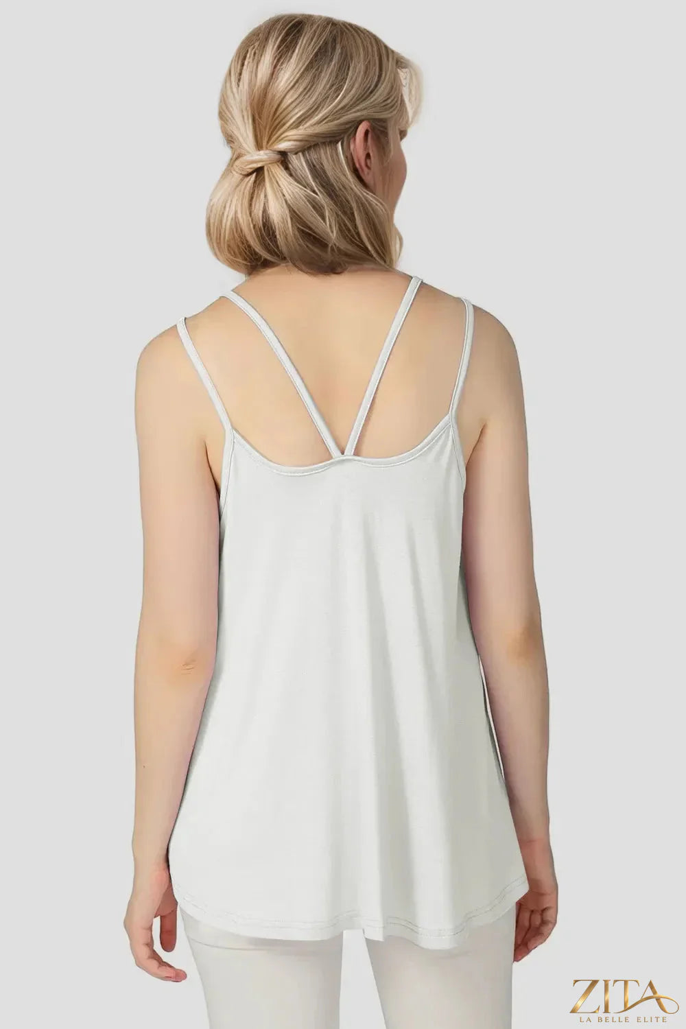 Zita La Belle Elite Basic Bae bamboo cami featuring scoop neck and double spaghetti straps, shown in natural fabric detail.