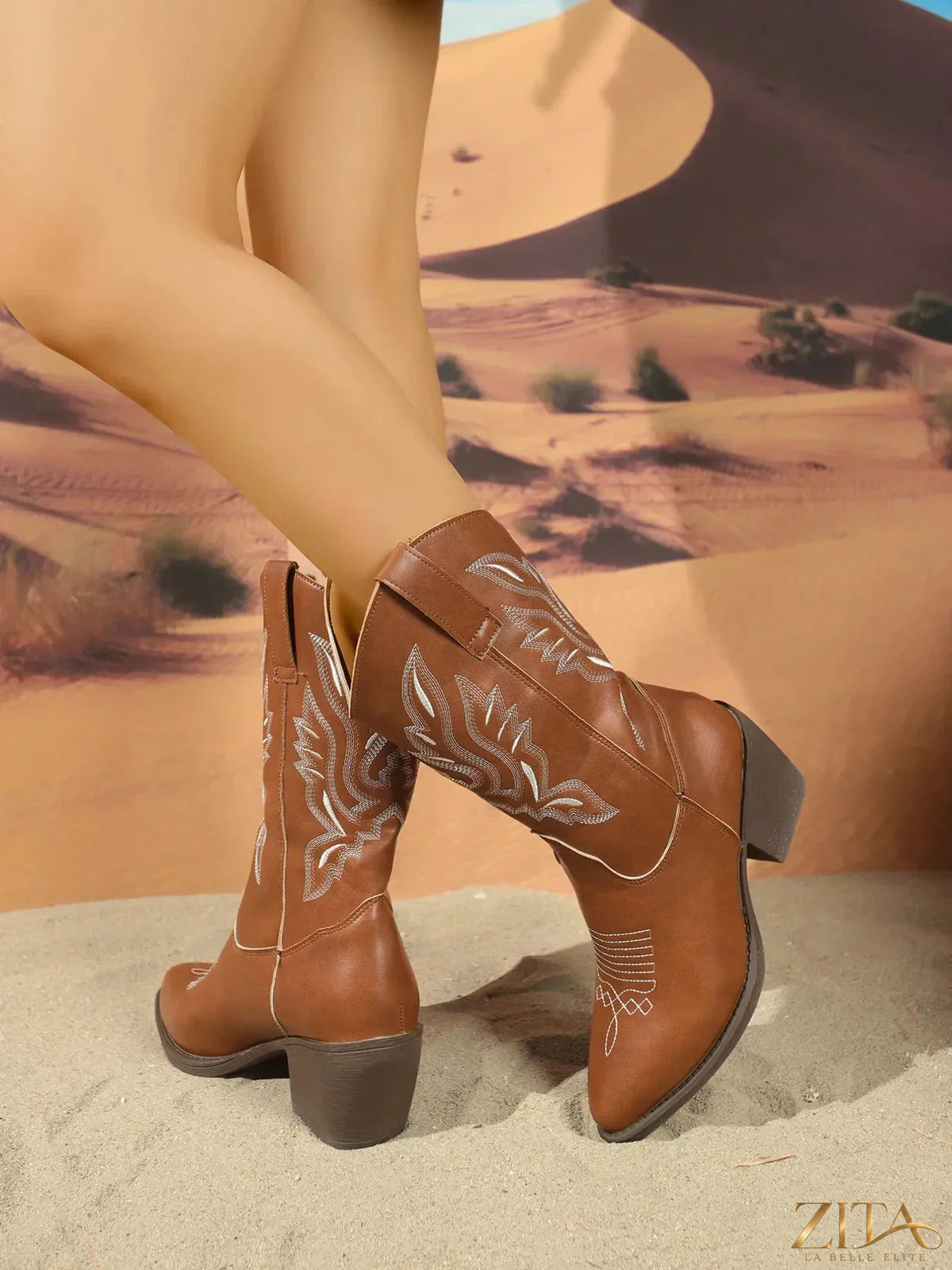 Zita La Belle Elite point toe block heel boots in black leather, featuring sleek design and sturdy block heel.