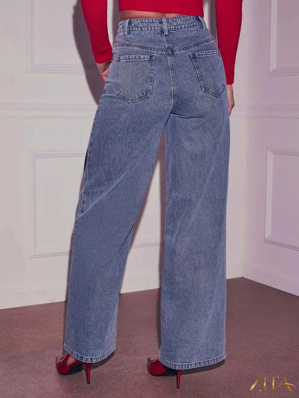 Zita La Belle Elite heart-shaped high waist wide leg jeans with front pockets and distressed details, styled on a model.