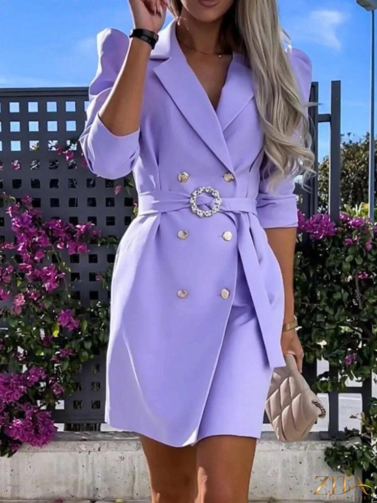Zita La Belle Elite 3/4 sleeve belted blazer dress in tailored fabric, featuring a fitted waist and classic lapel collar.