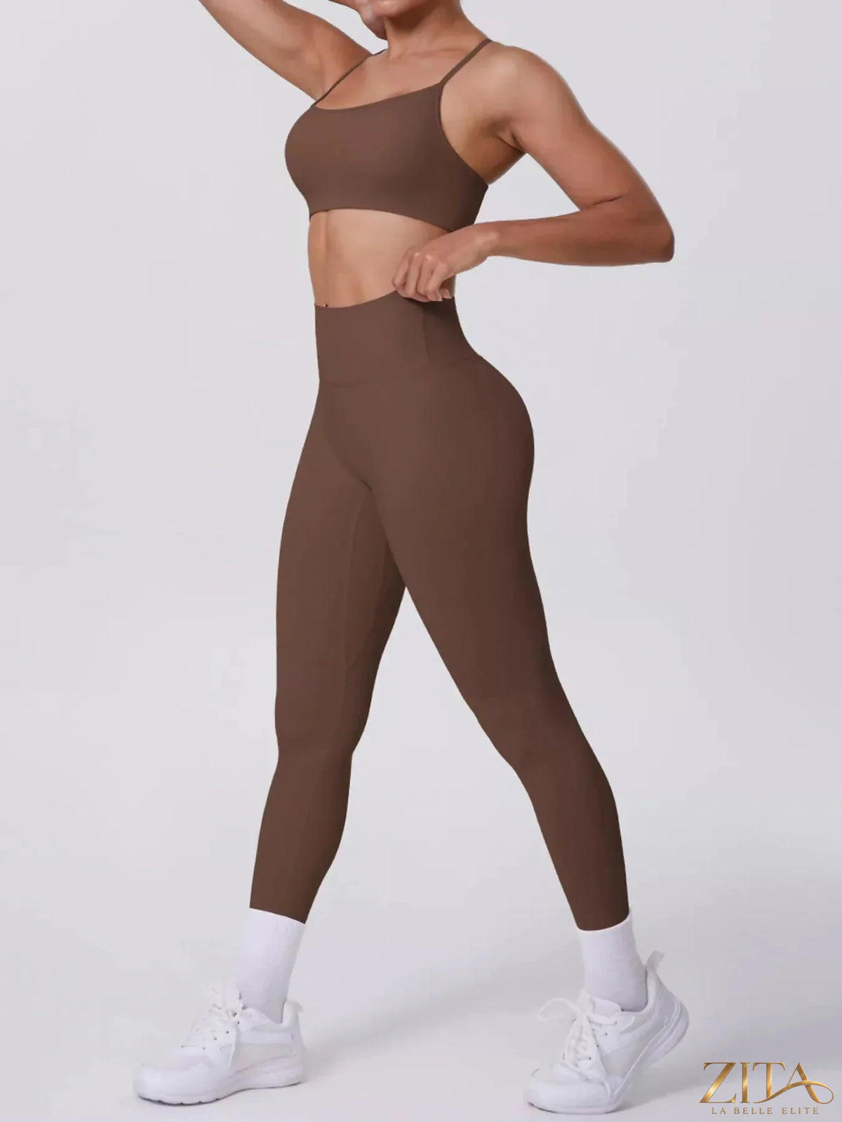 Zita La Belle Elite criss-cross back cami and matching leggings active set, black stretch fabric, ideal for workout or casual wear.