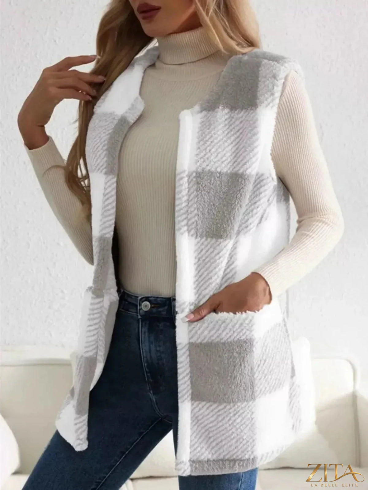 Zita La Belle Elite cozy plaid sherpa vest coat with a warm, soft interior and plaid exterior, stylish and perfect for cold weather.
