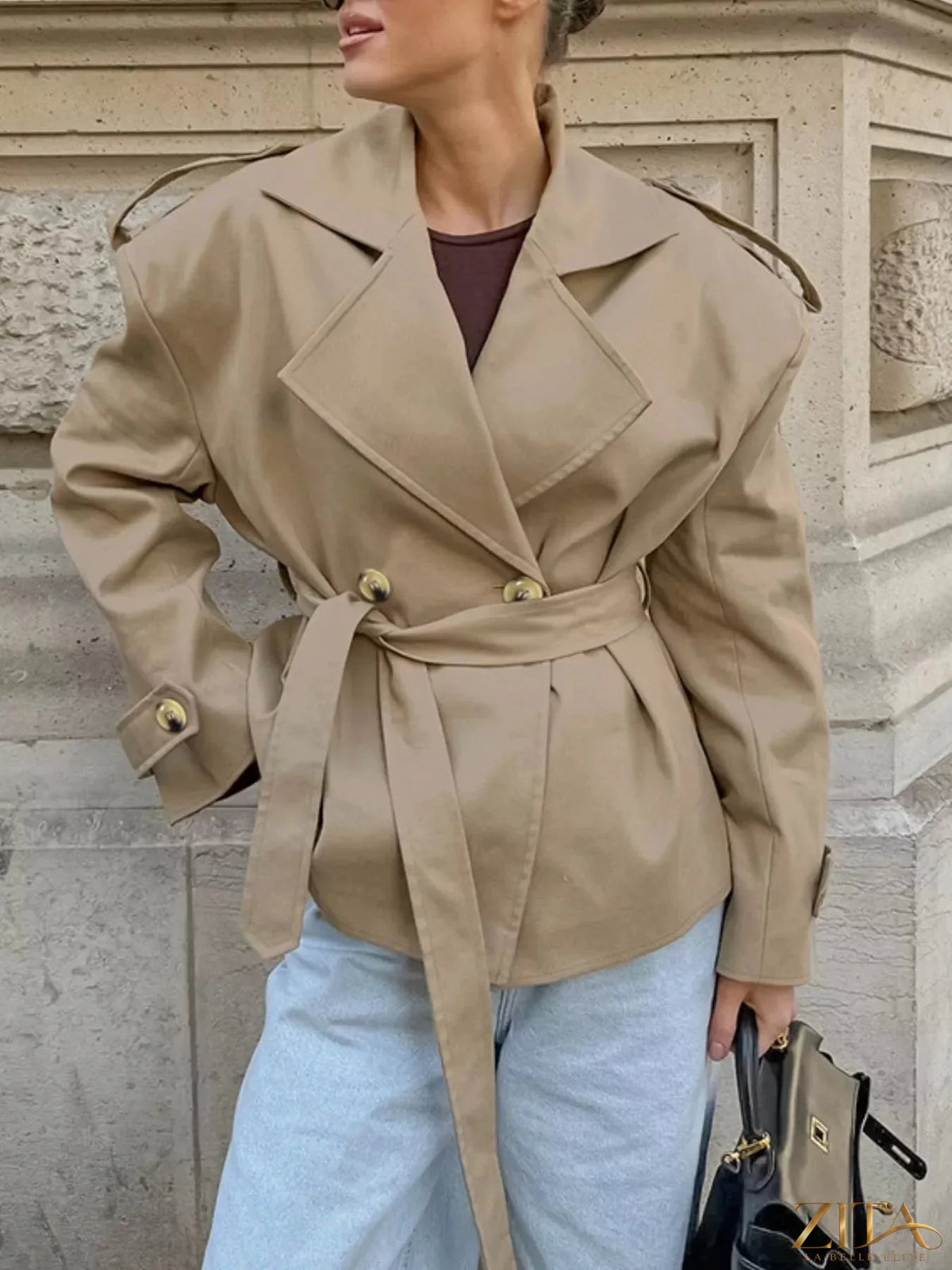 Zita La Belle Elite chic double-breasted belted trench coat in neutral fabric, stylish and tailored for a sophisticated look.