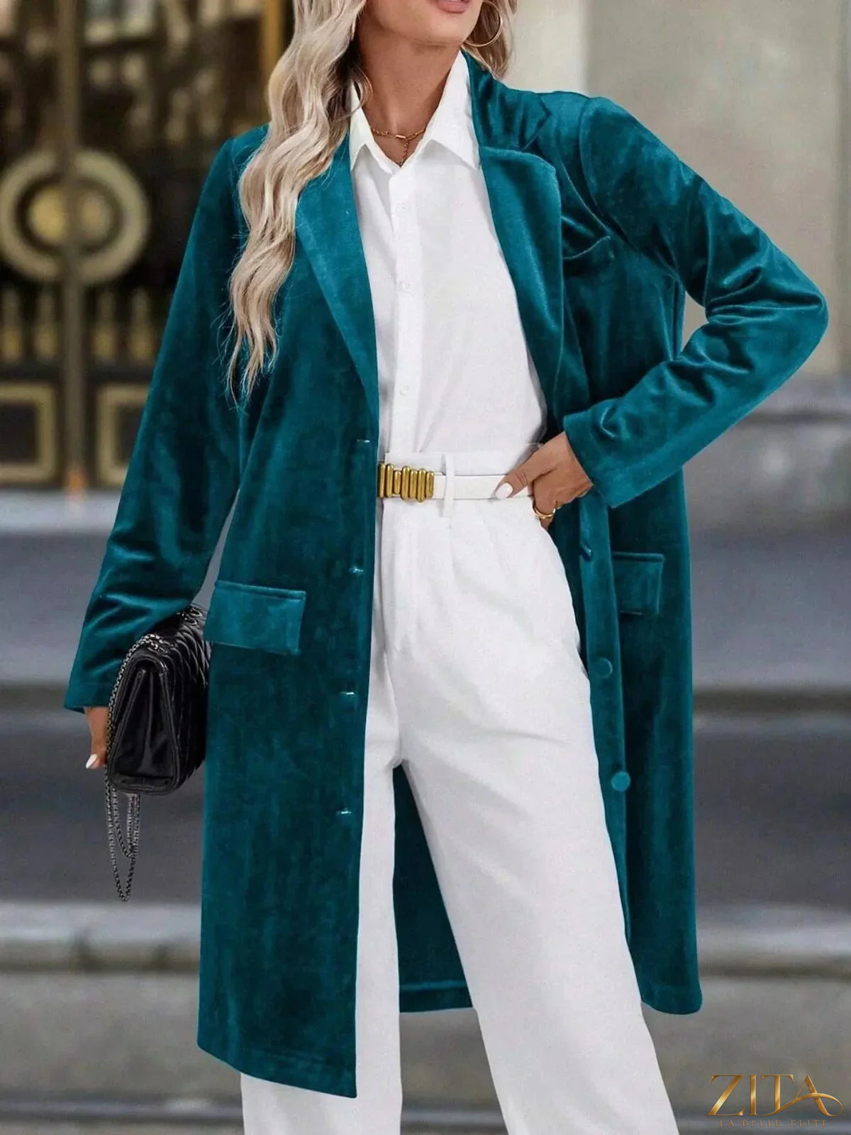 Zita La Belle Elite longline coat with lapel collar, long sleeves, and a stylish, tailored fit in a neutral color.