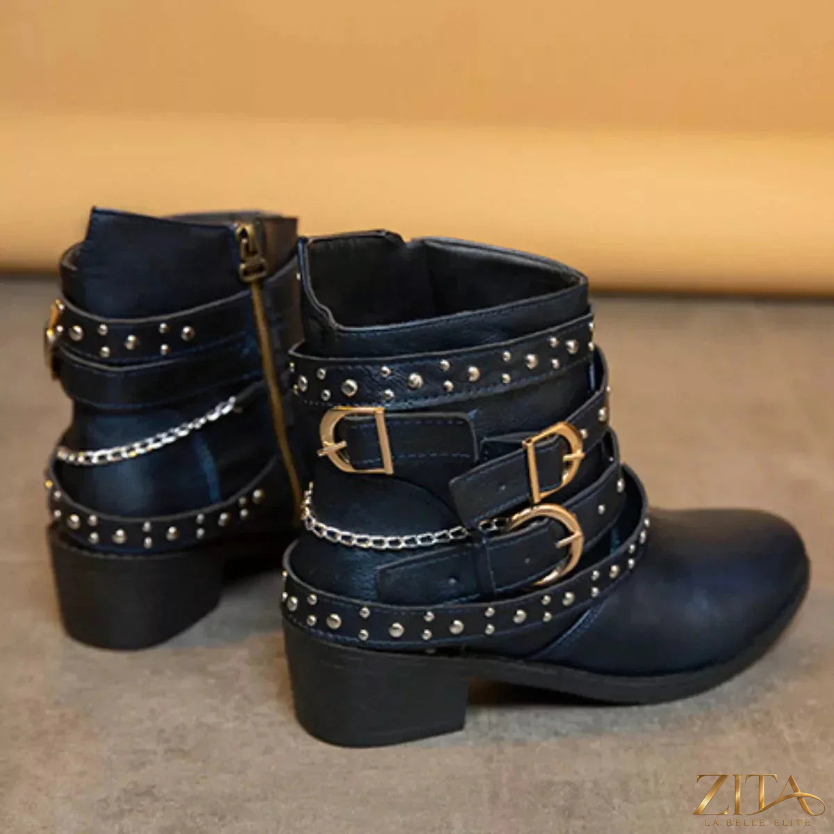 Zita La Belle Elite studded buckle ankle boots with metallic accents and chunky heel, stylish footwear for casual or dressy wear.