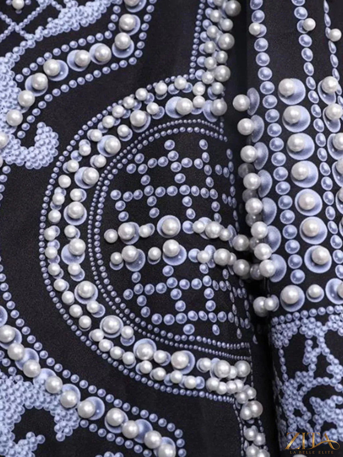 Full size Zita La Belle Elite embellished pearl blazer with one button, featuring a tailored fit and decorative pearl accents.