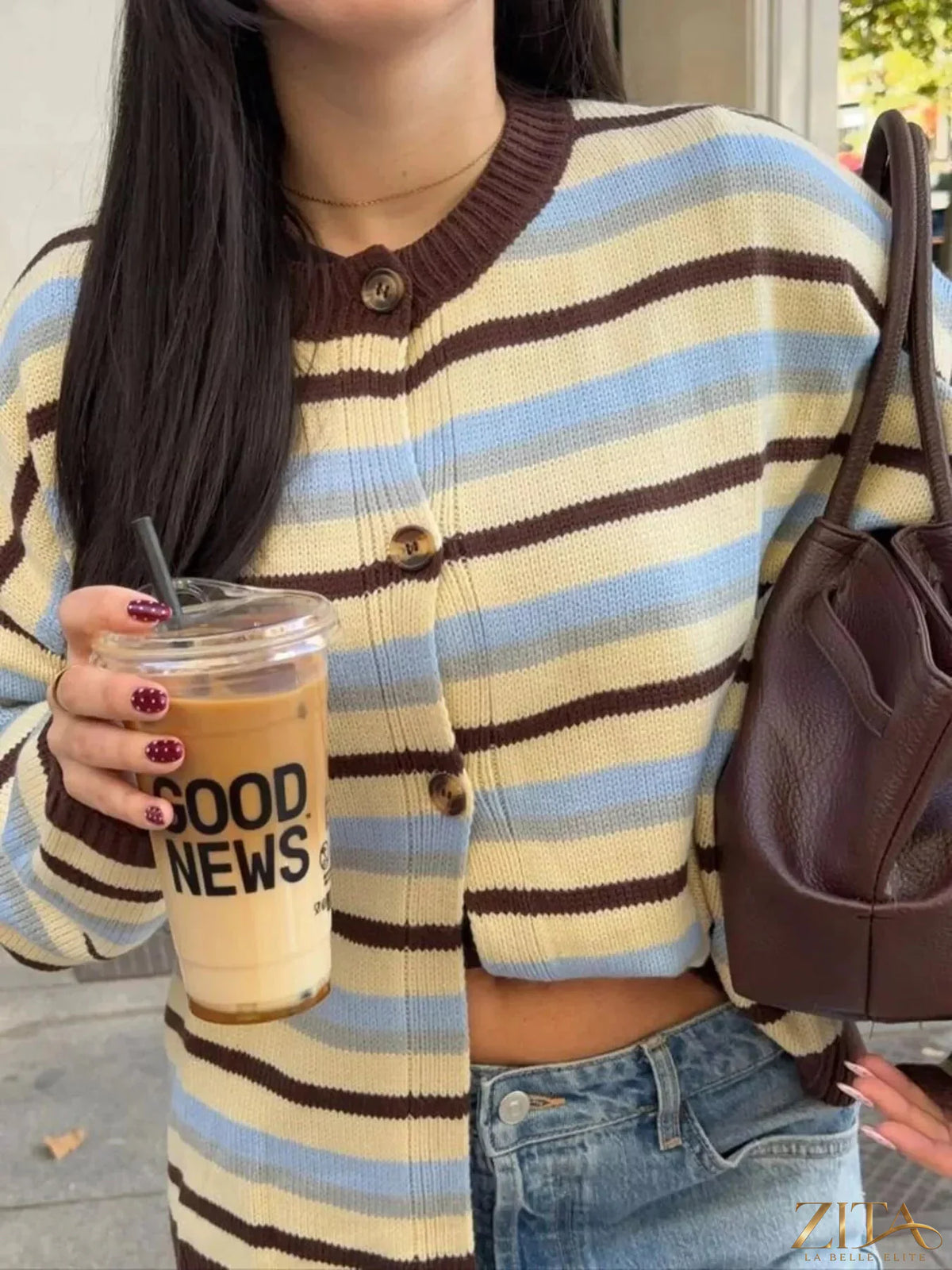 Zita La Belle Elite striped crew neck button-down cardigan with multicolored vertical stripes and long sleeves.