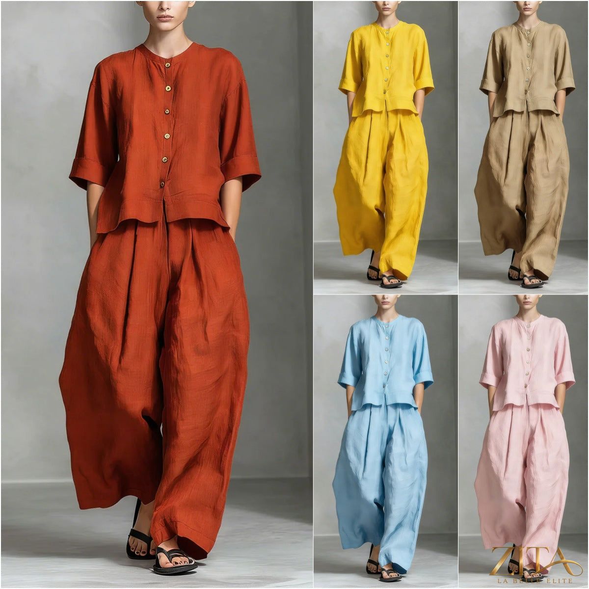 Zita La Belle Elite three-quarter sleeve shirt and loose trousers two-piece set, in a stylish and comfortable fashion ensemble.