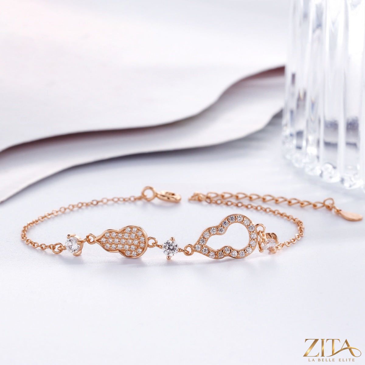 Zita La Belle Elite Zircon Gourd Adjustable Bracelet with sparkling zircon stones and intricate design on a delicate silver chain.
