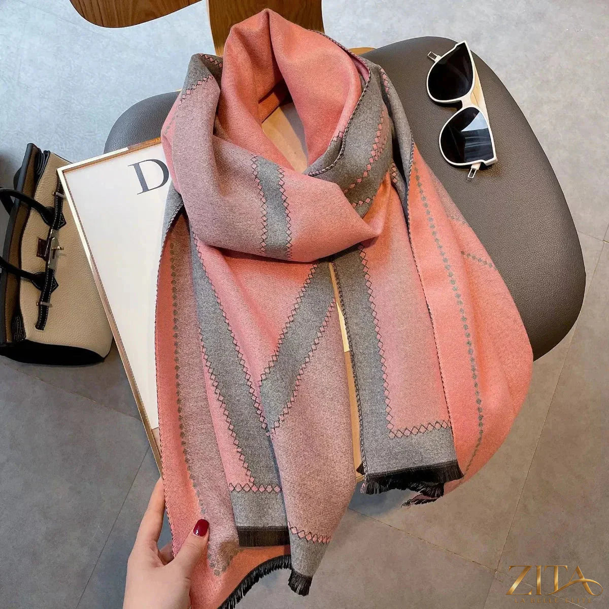 Zita La Belle Elite raw hem contrast scarf in soft fabric, featuring frayed edges and a stylish, versatile accessory for any outfit.