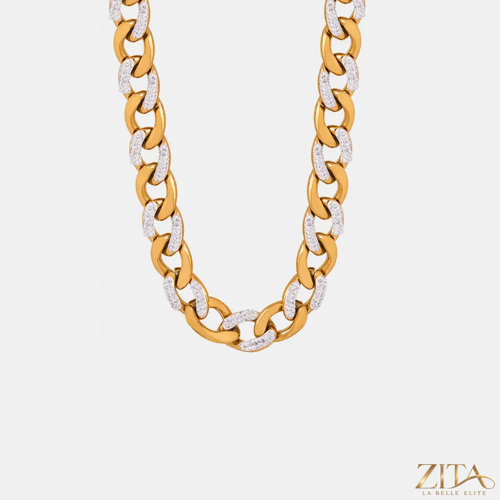 Zircon titanium steel chunky chain necklace by Zita La Belle Elite, showing large linked chain with shiny zircon accents.