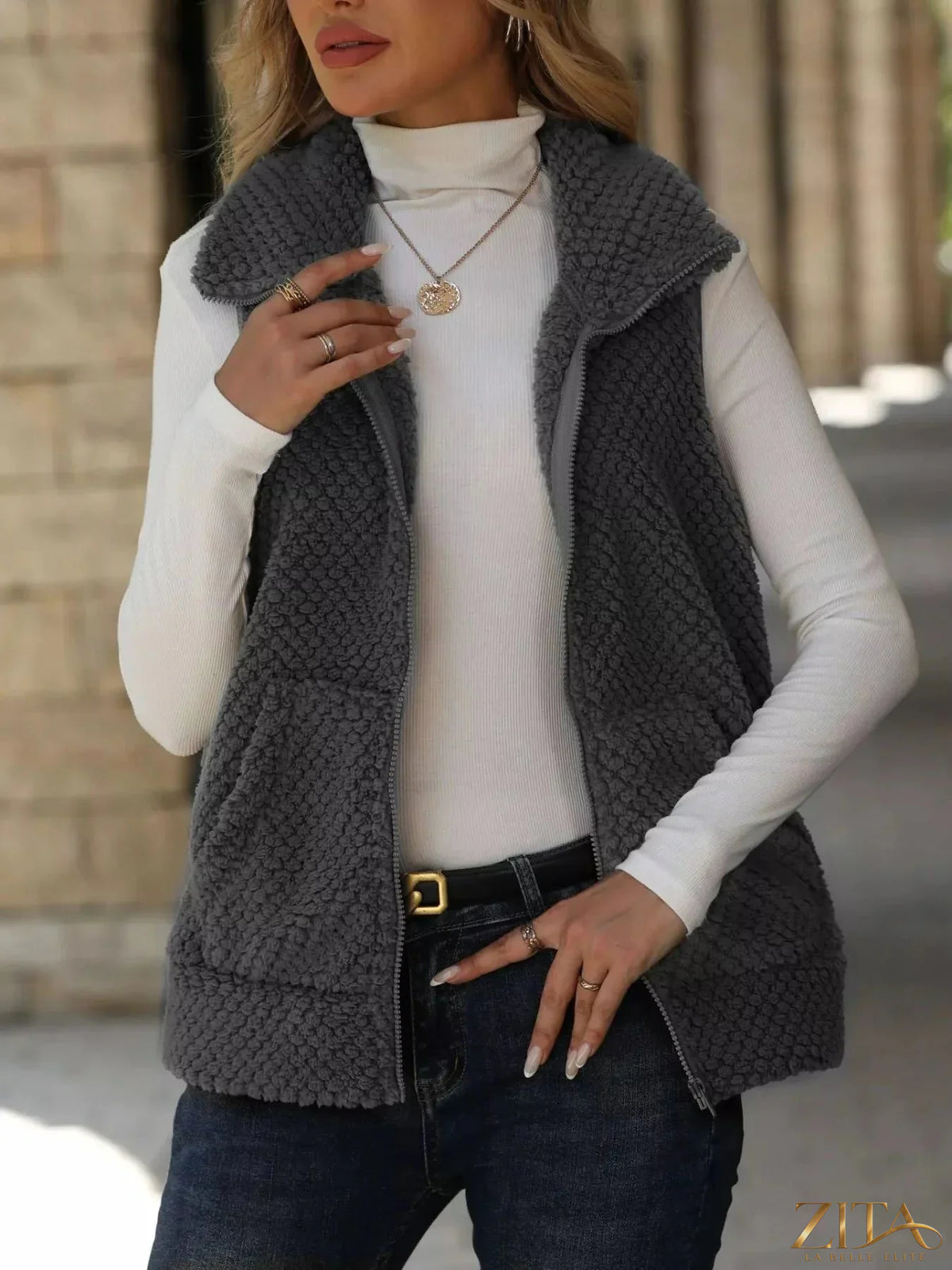 Zita La Belle Elite zip-up vest coat in sleek fabric, front zipper, and stylish design perfect for layered winter wear.