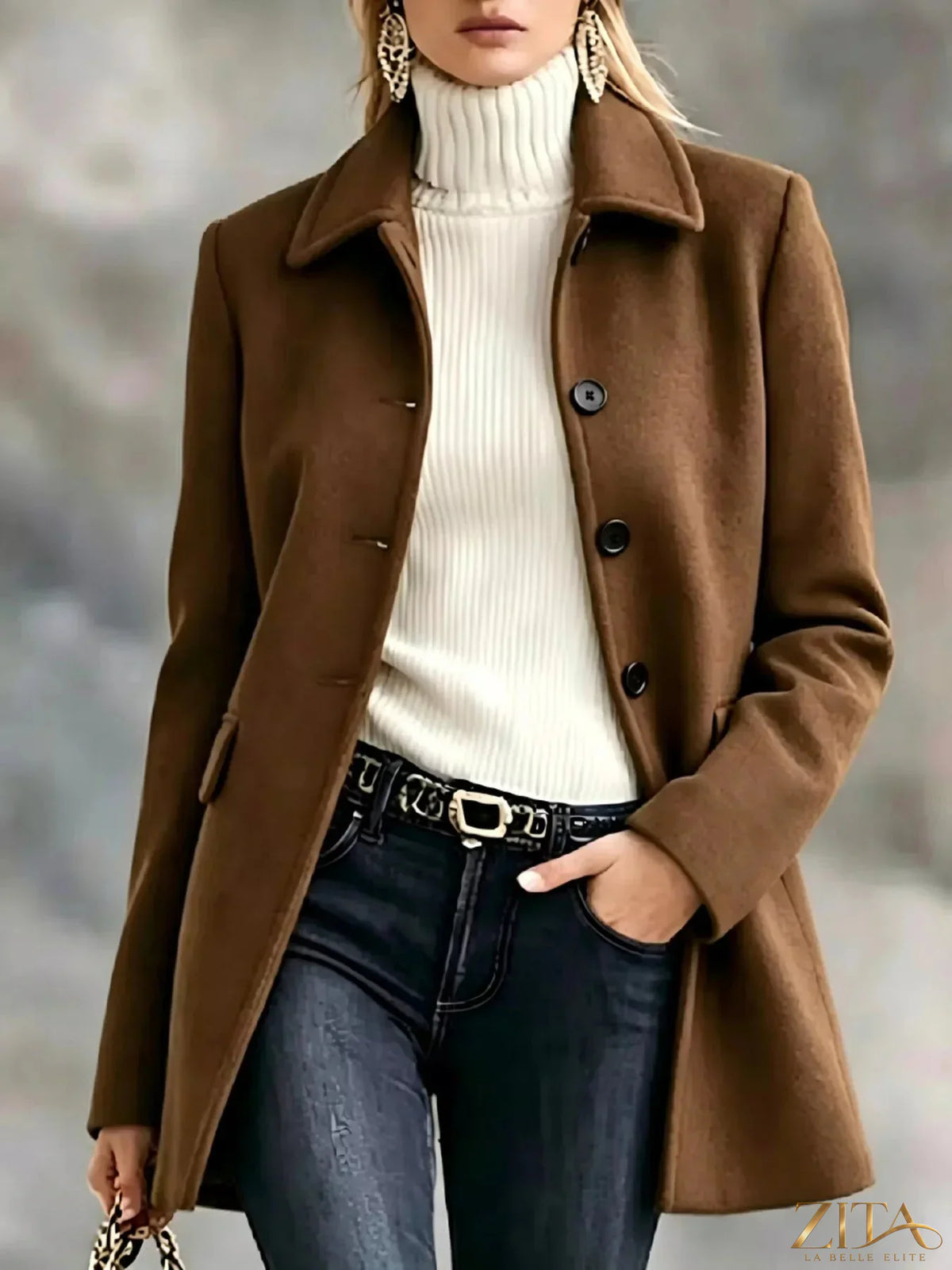 Zita La Belle Elite button-up coat with a collared neck, featuring a sleek design and tailored fit in neutral fabric.