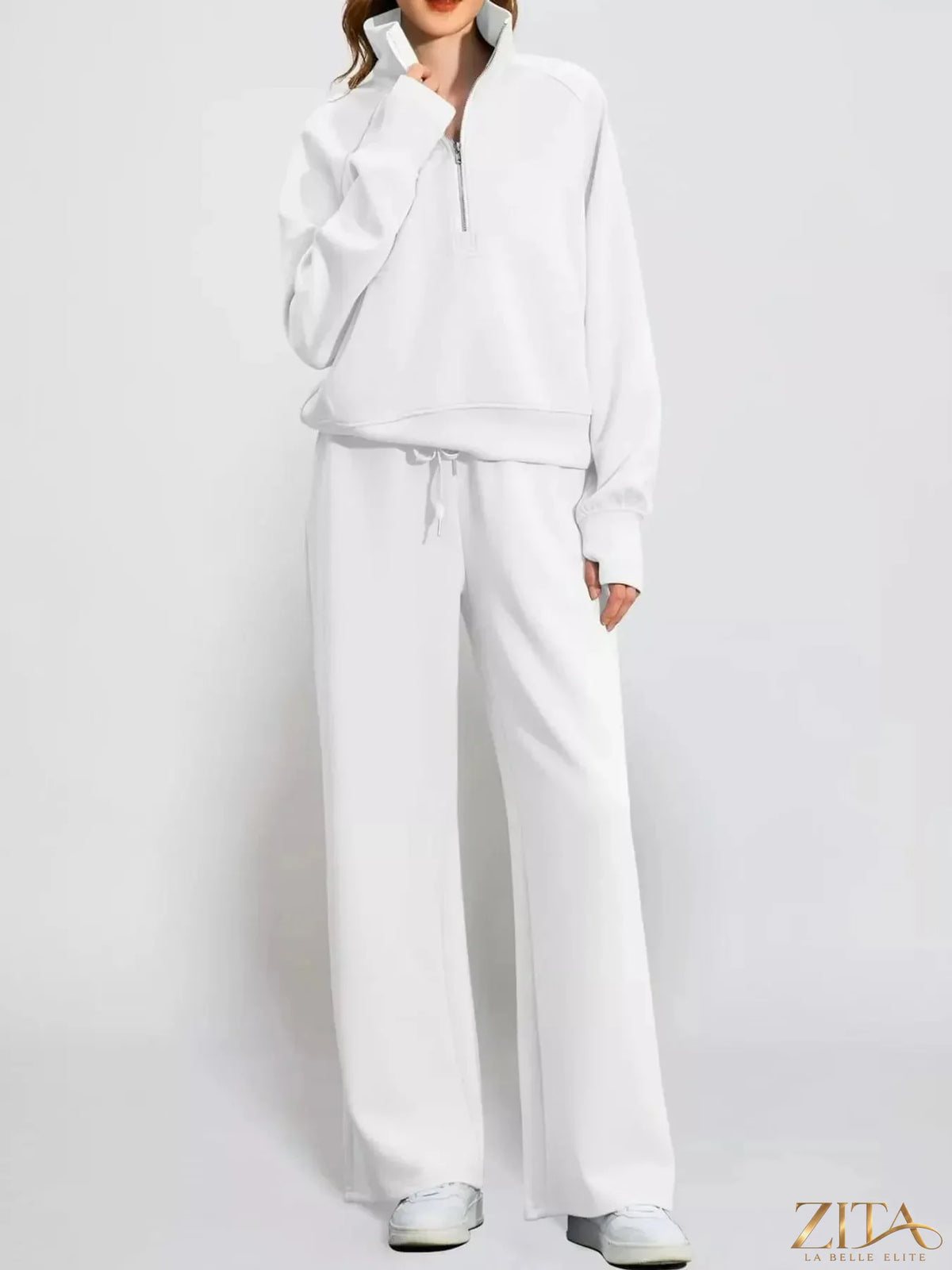 Zita La Belle Elite half-zip sweatshirt and wide-leg pants set in soft fabric, displayed flat on a neutral background.