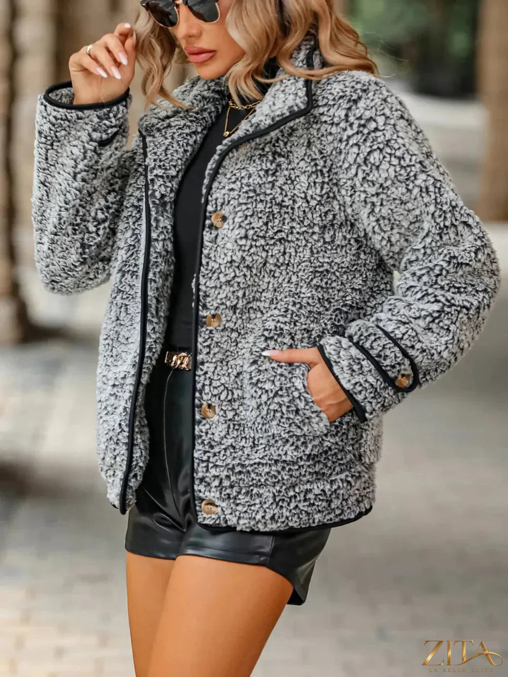 Zita La Belle Elite fuzzy pocketed button-up jacket in soft fabric with front pockets and button closure, casual winter outerwear