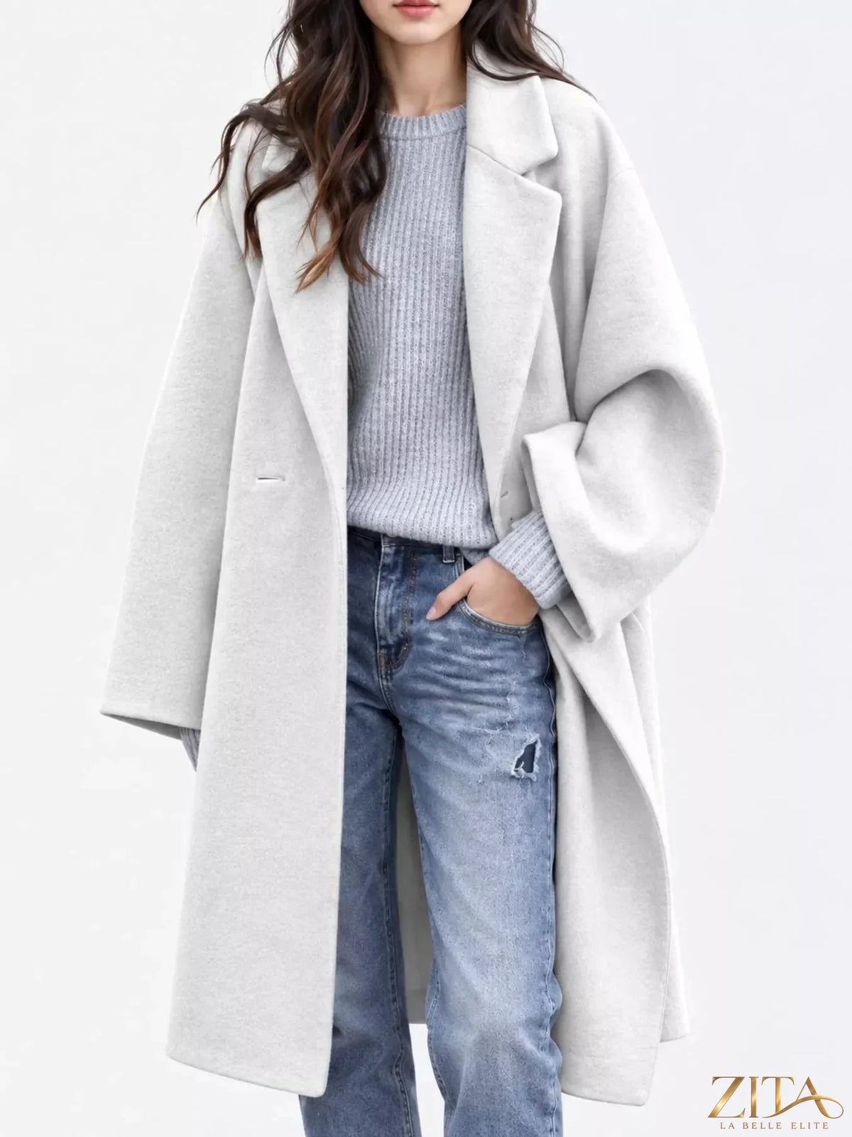 Plus size Zita La Belle Elite full size coat with lapel collar and one button closure, showcasing a stylish outerwear design.