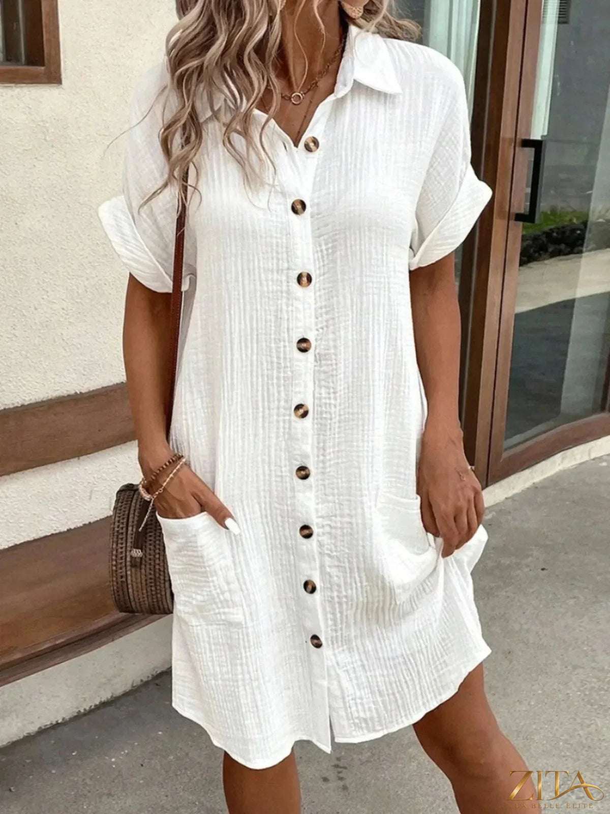 Zita La Belle Elite casual button-down shirt dress with pockets, featuring a relaxed fit and soft fabric for everyday wear.