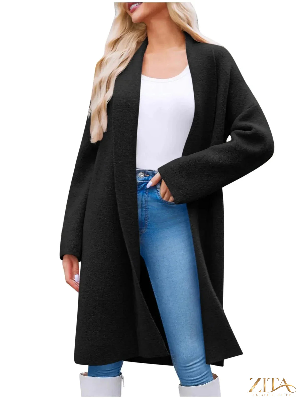 Zita La Belle Elite open front longline coat in neutral fabric, stylish and versatile outerwear for modern fashion.