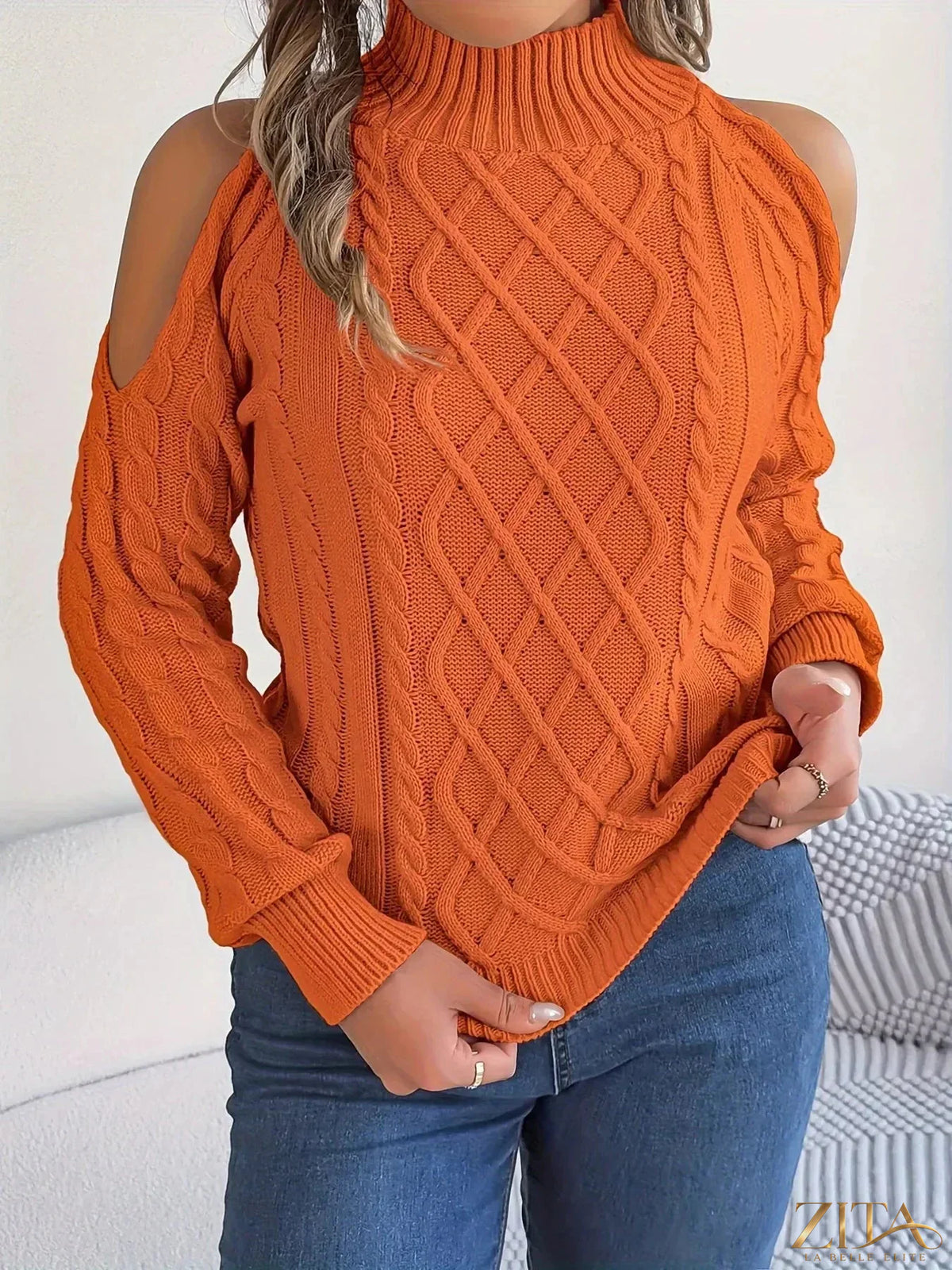 Zita La Belle Elite cold-shoulder cable knit sweater with long sleeves and ribbed cuffs, stylish and cozy women's knitwear