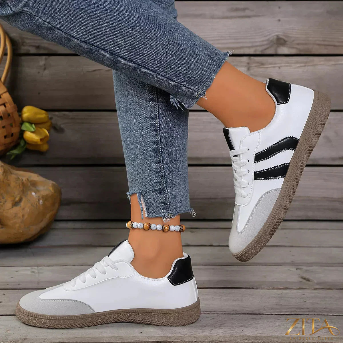 Zita La Belle Elite lace-up casual sneakers with white and beige design, featuring breathable fabric and comfortable rubber soles.
