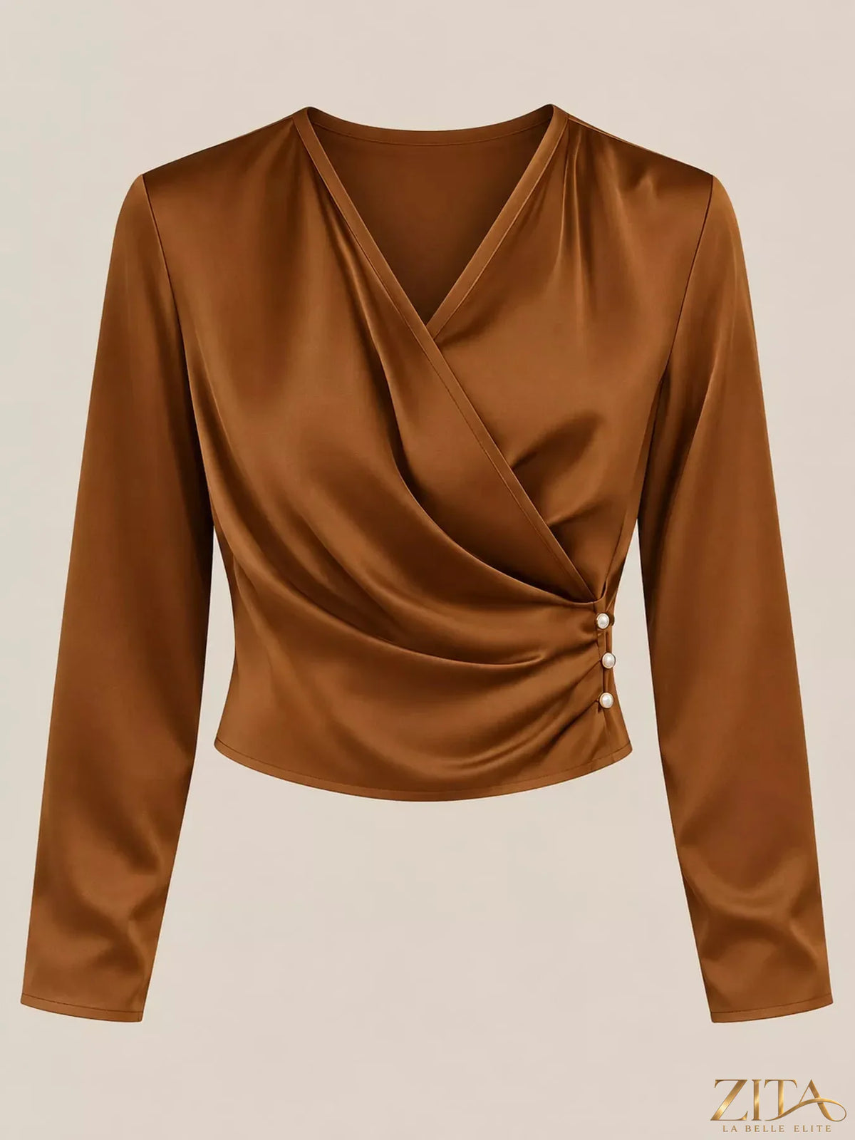 Zita La Belle Elite satin surplice long sleeve blouse with elegant draping and a V-neck, shown in a stylish, glossy fabric.