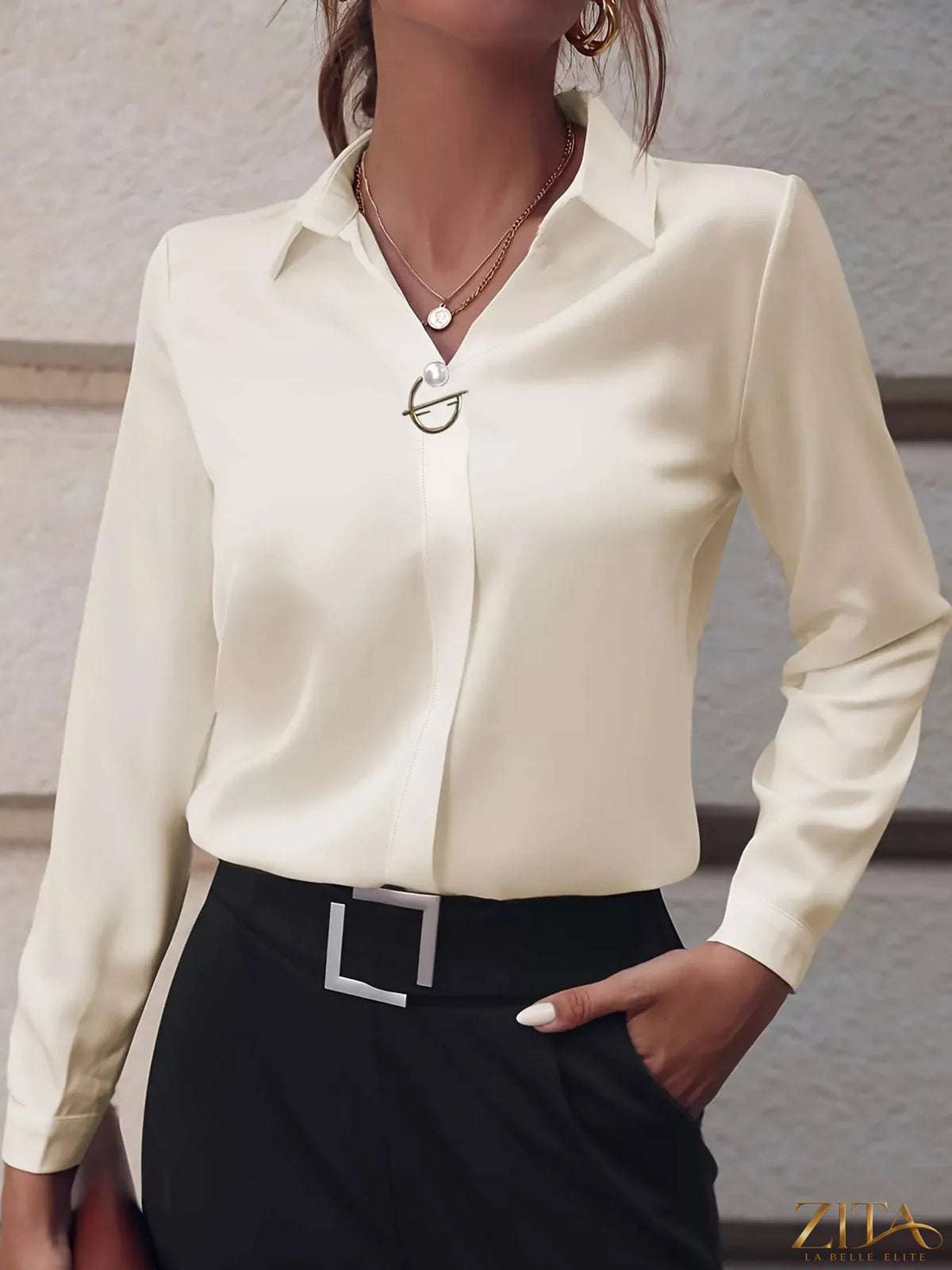Zita La Belle Elite long sleeve satin blouse in smooth, shiny fabric, featuring a classic collar and elegant fit.