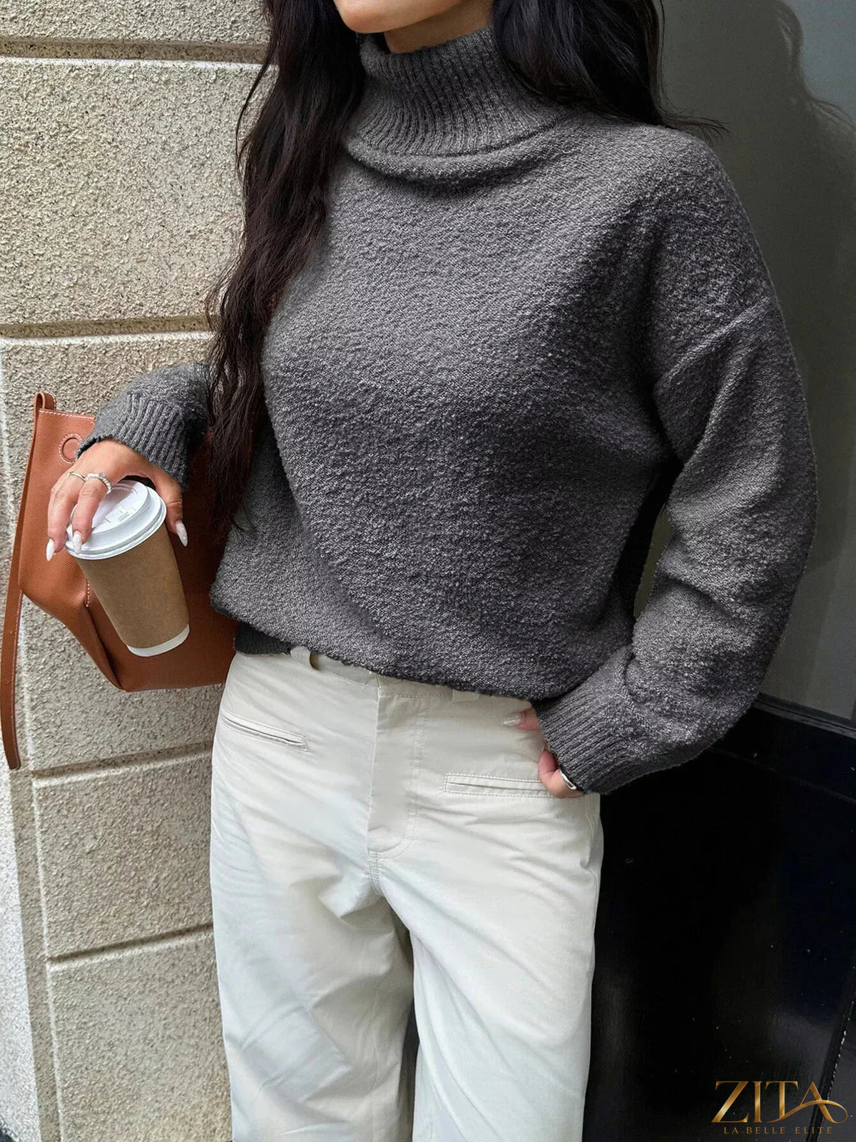 Zita La Belle Elite turtleneck long sleeve sweater in cozy knit fabric, close-up showing fitted style and ribbed collar