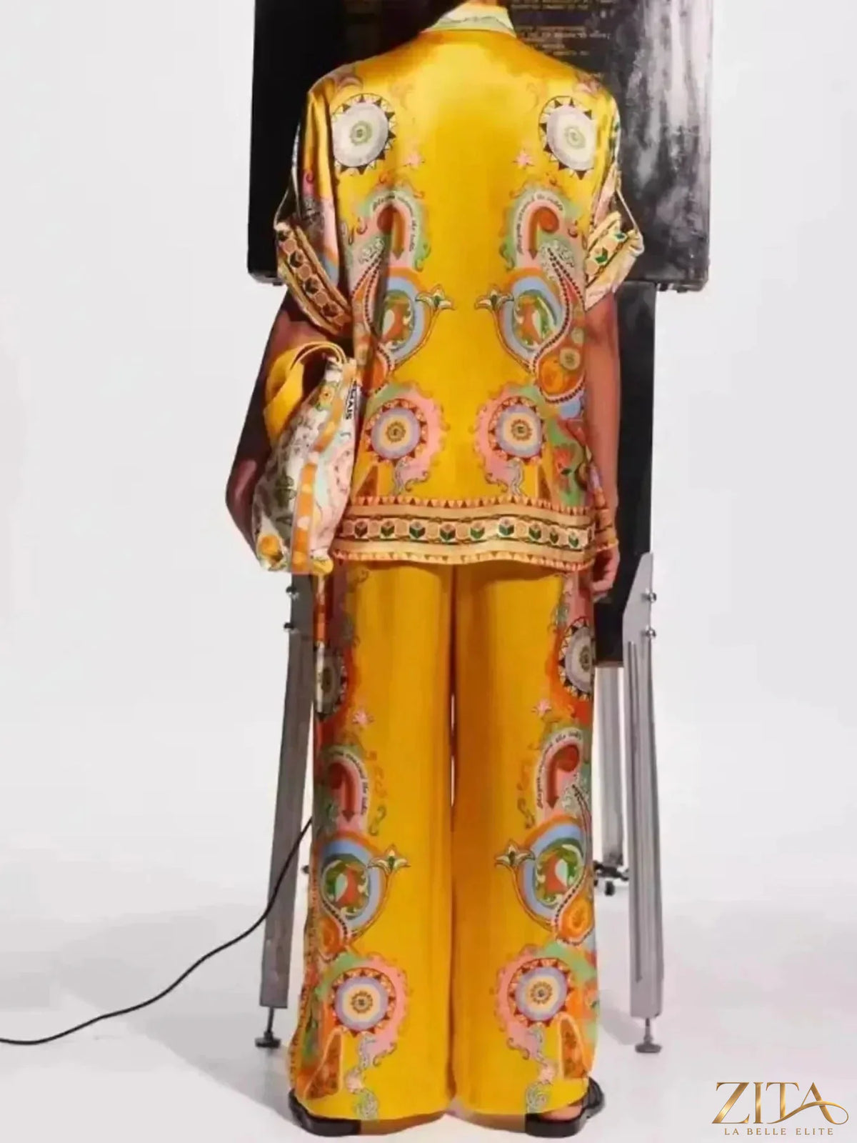 Zita La Belle Elite printed button-up shirt and matching pants set, stylish casual outfit, featuring colorful pattern and tailored fit.