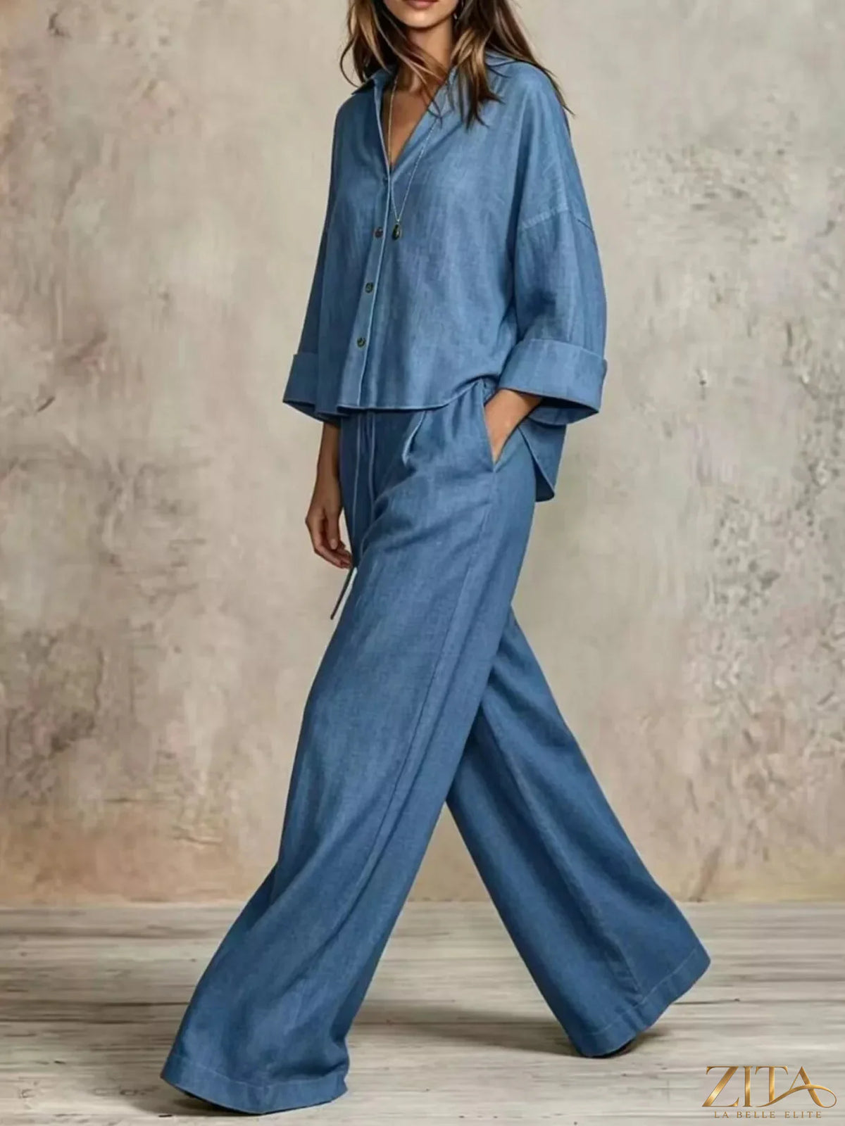 Plus size Zita La Belle Elite button-down shirt and wide-leg pants set, featuring a stylish, coordinated matching outfit.