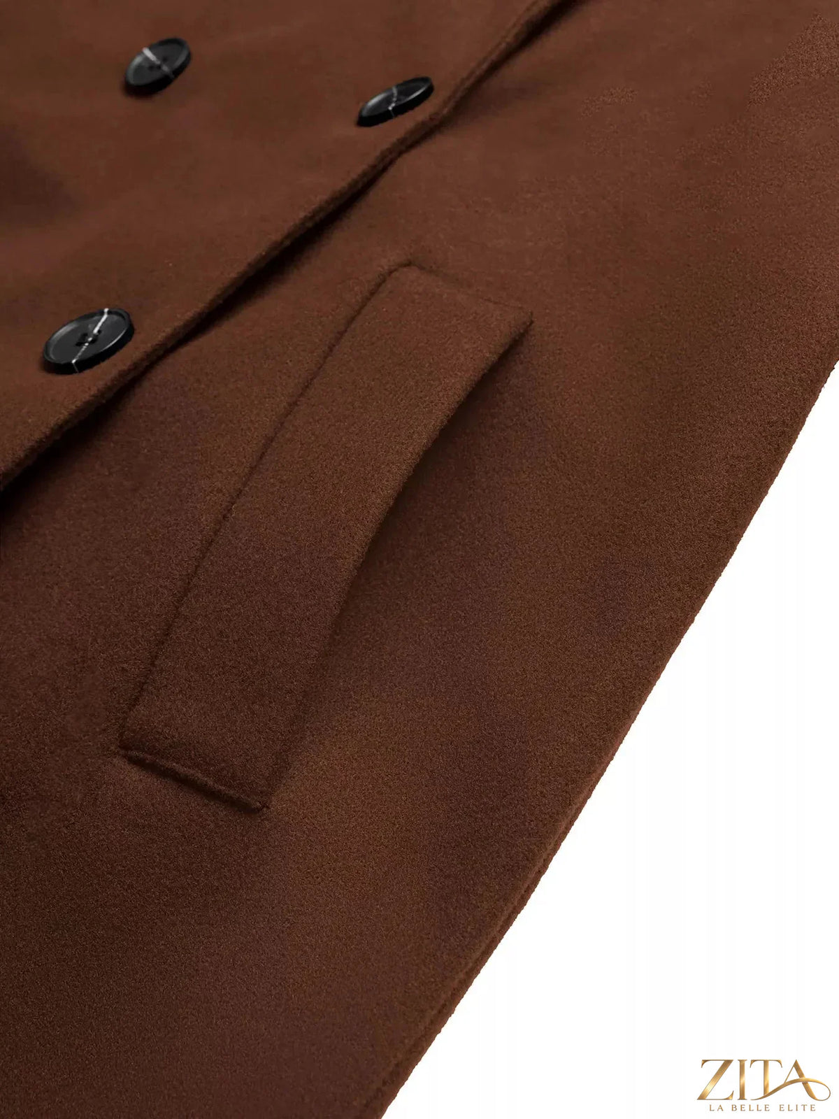 Zita La Belle Elite wool blend coat with lapel collar, belted design, and tailored fit in neutral color, ideal for winter wear.