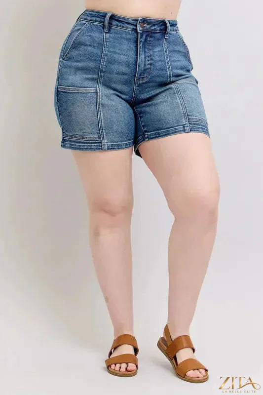 Zita La Belle Elite Judy Blue high rise denim shorts in plus size, featuring a relaxed fit and classic blue denim wash.