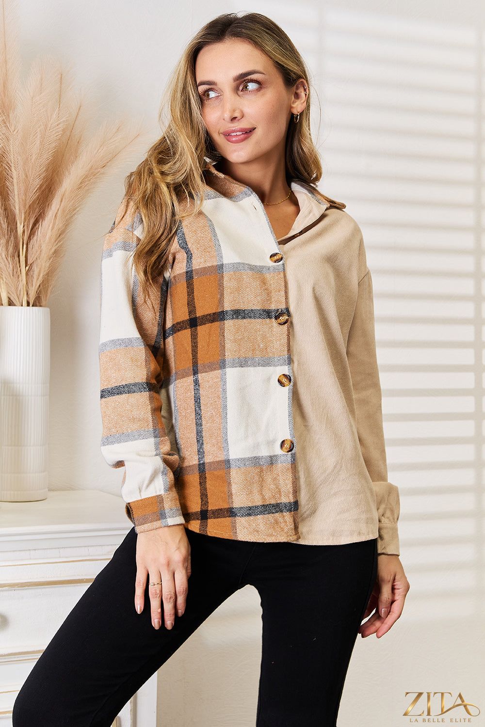 Zita La Belle Elite Perfee plaid print dropped shoulder shirt with long sleeves and button front, casual and stylish for everyday wear.