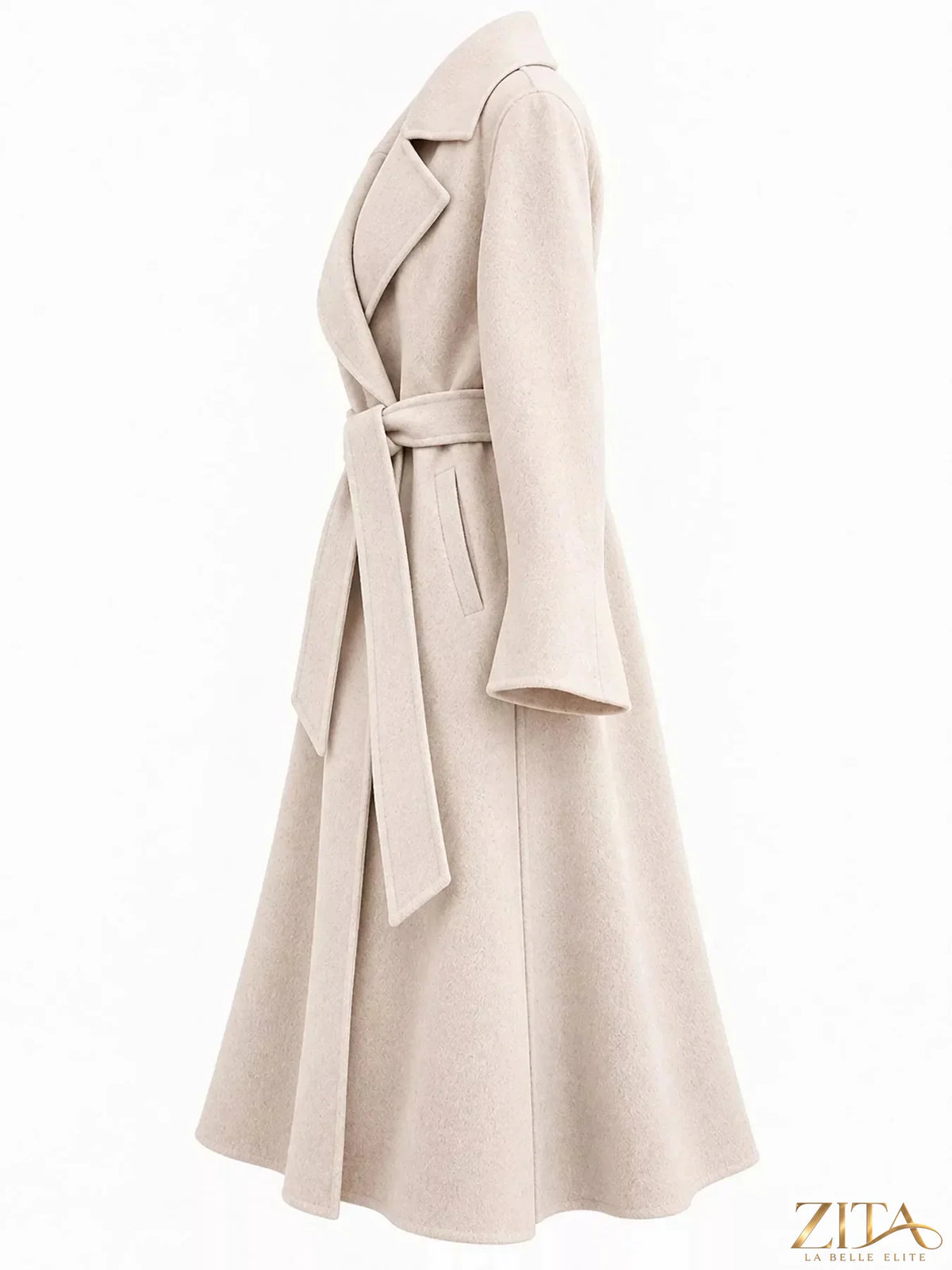 Zita La Belle Elite longline wool coat with waist-defining belt, stylish winter outerwear, in neutral color, full-length view.