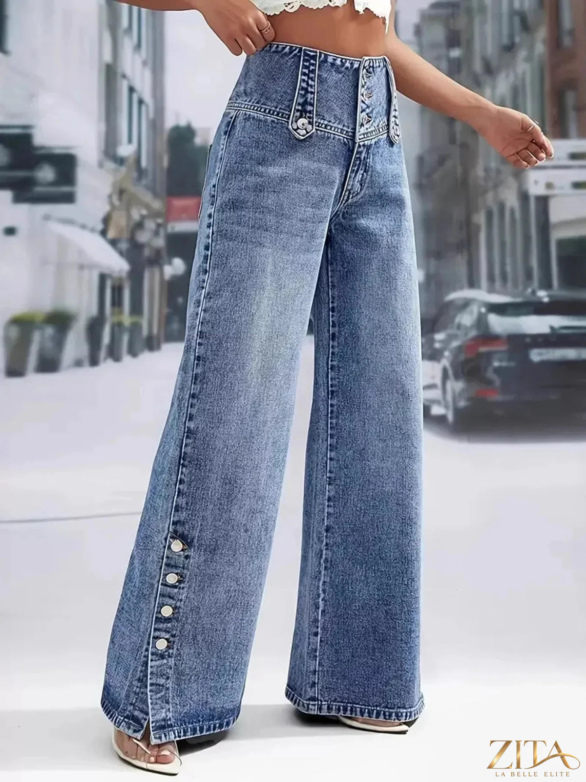 High waist Zita La Belle Elite wide leg jeans with button decoration and relaxed fit, shown in a natural denim wash.