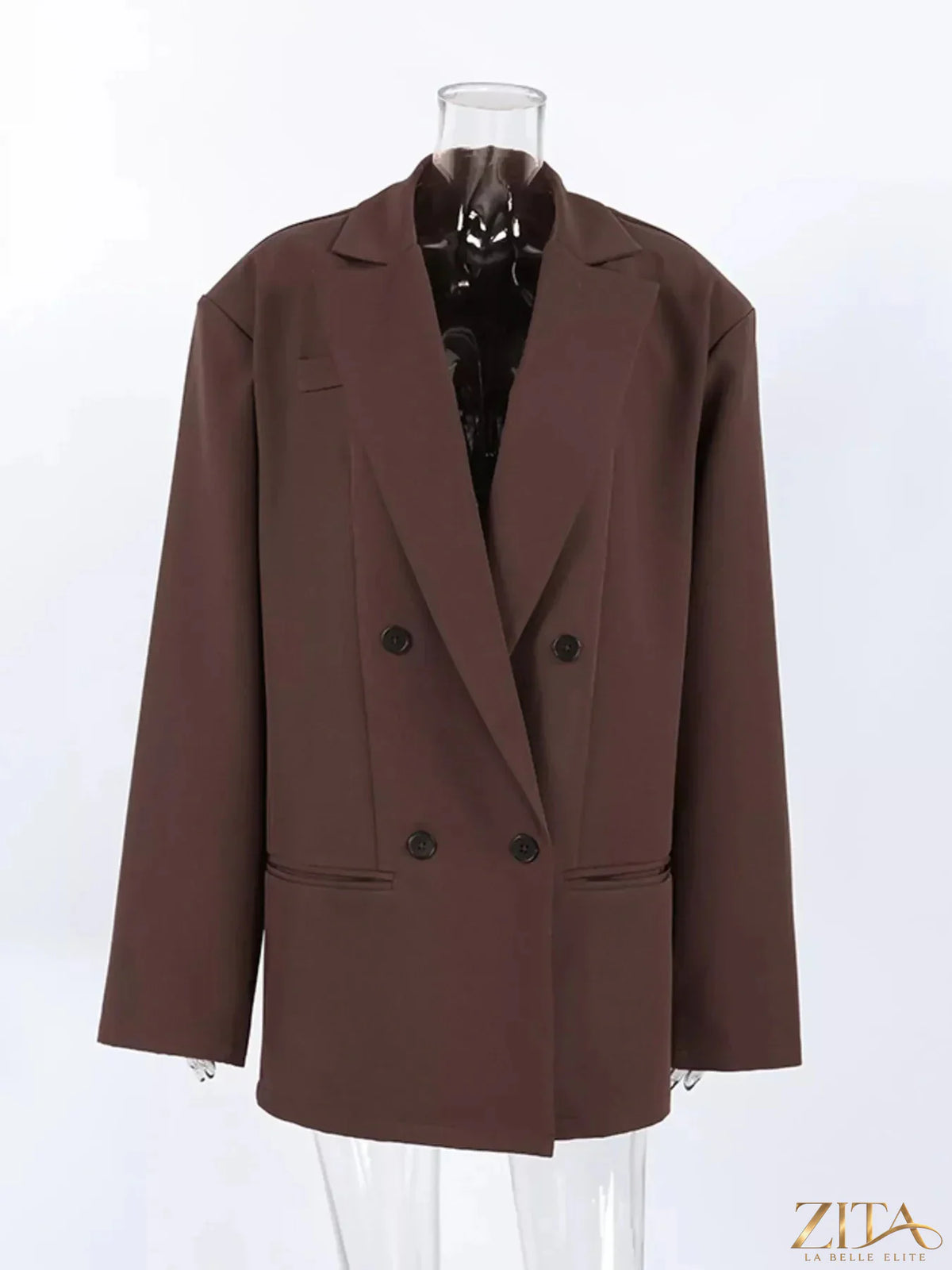 Double-breasted blazer with lapel collar in neutral fabric, styled on a hanger showcasing the Trendsi brand, front view.