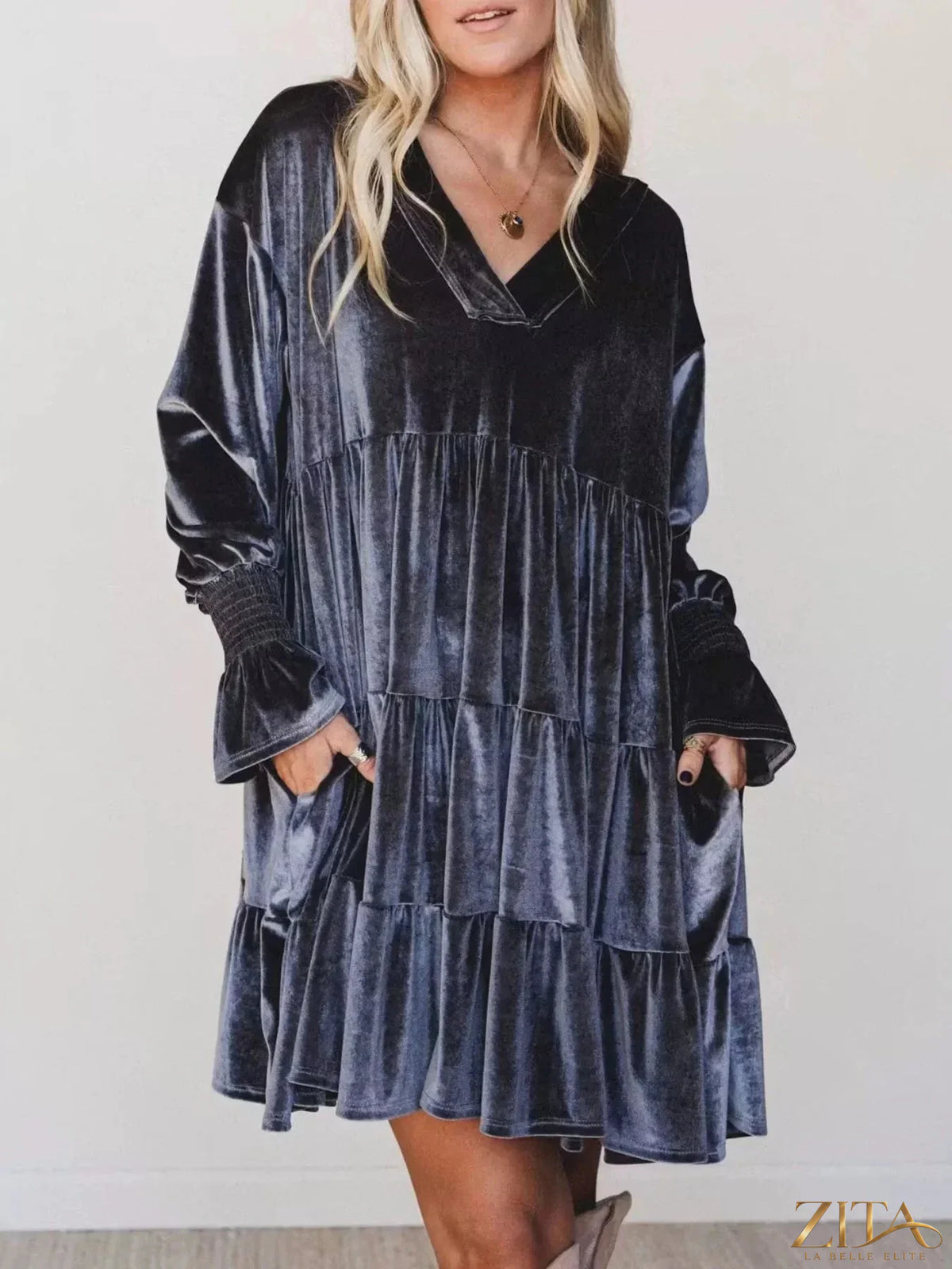 Velvet tiered mini dress with balloon sleeves by Zita La Belle Elite, featuring a stylish and textured silhouette.