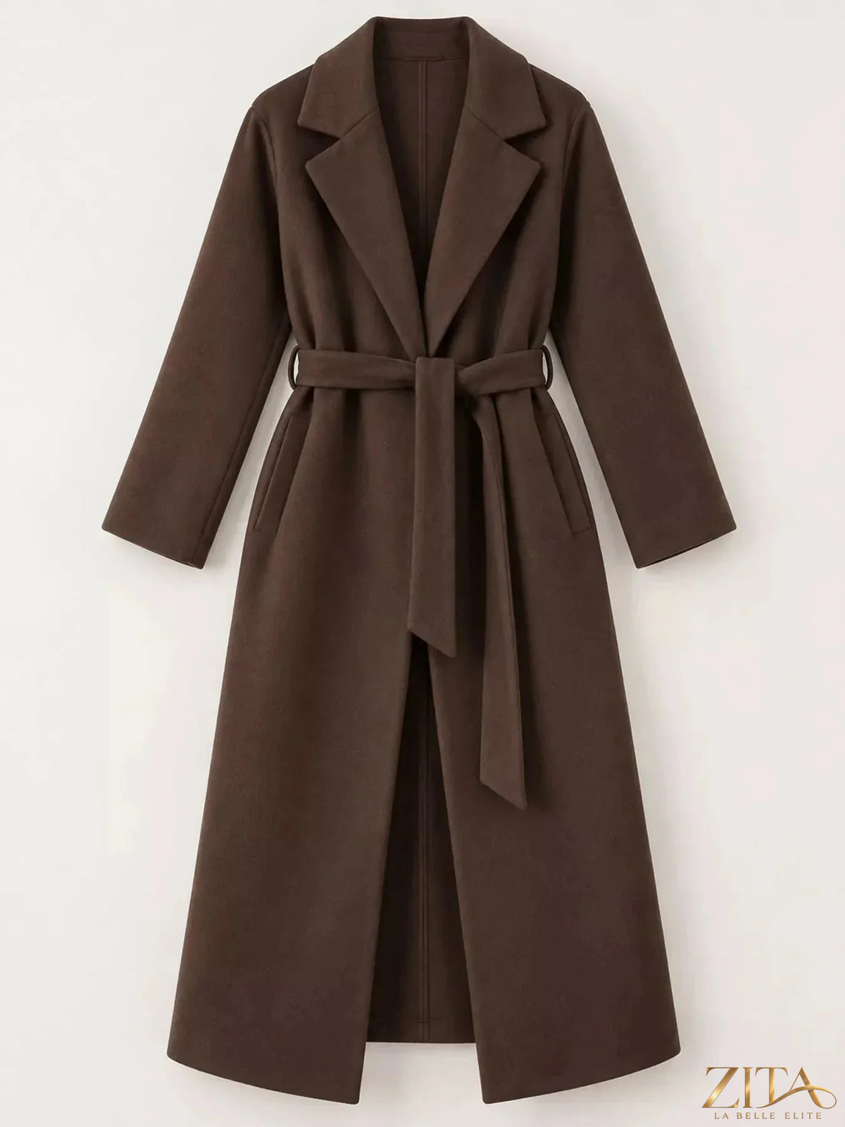 Zita La Belle Elite belted coat with lapel collar, long sleeves, and tailored design, suitable for stylish winter wear
